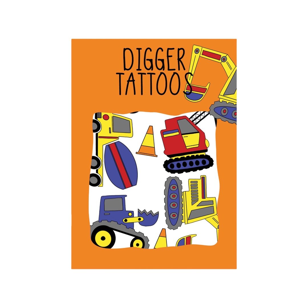 This set of construction-themed temporary transfer tattoos features a tractor, various diggers and a traffic cone.