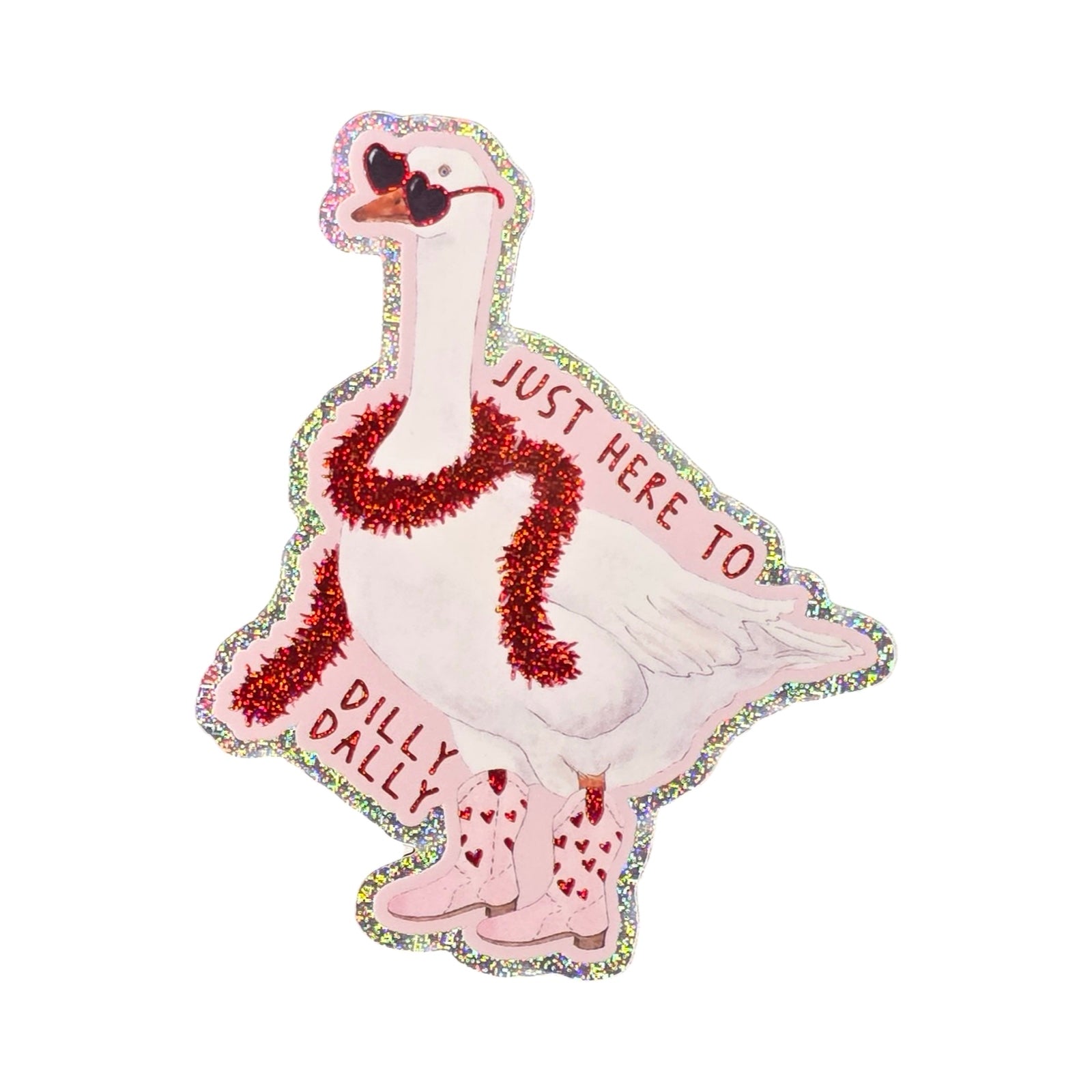 Decorative sticker of a goose with text and cowboy boots on a white background.