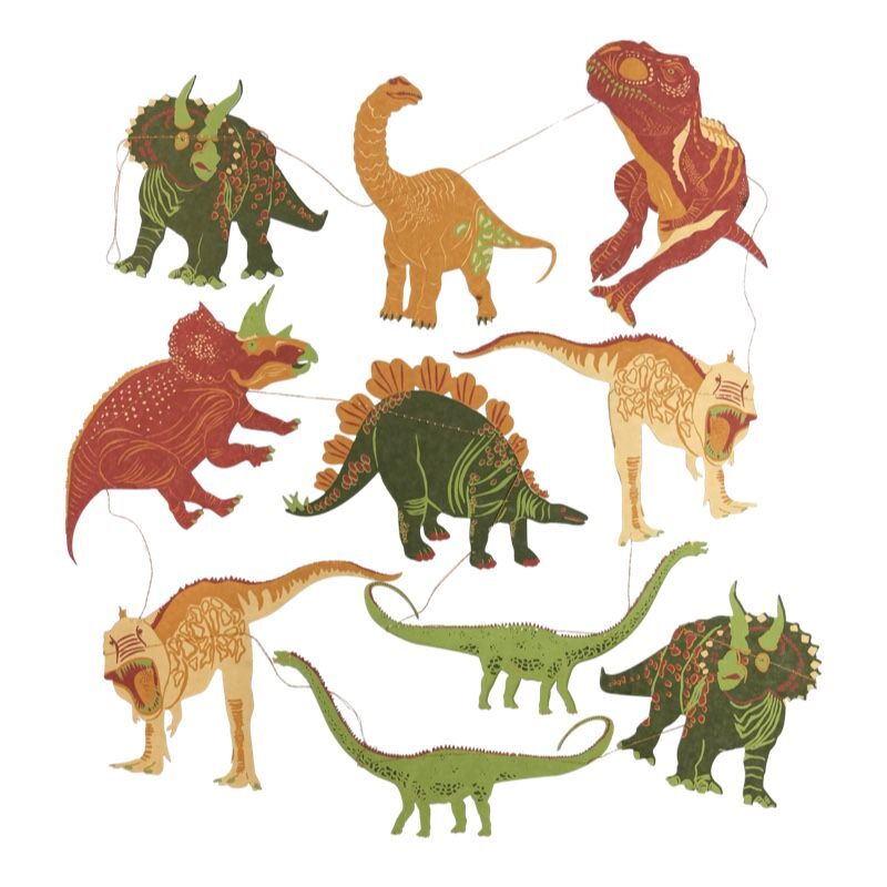 3m long dinosaur paper garland, featuring ten screen-printed dinosaurs including the tyrannosaurus, triceratops and stegosaurus.