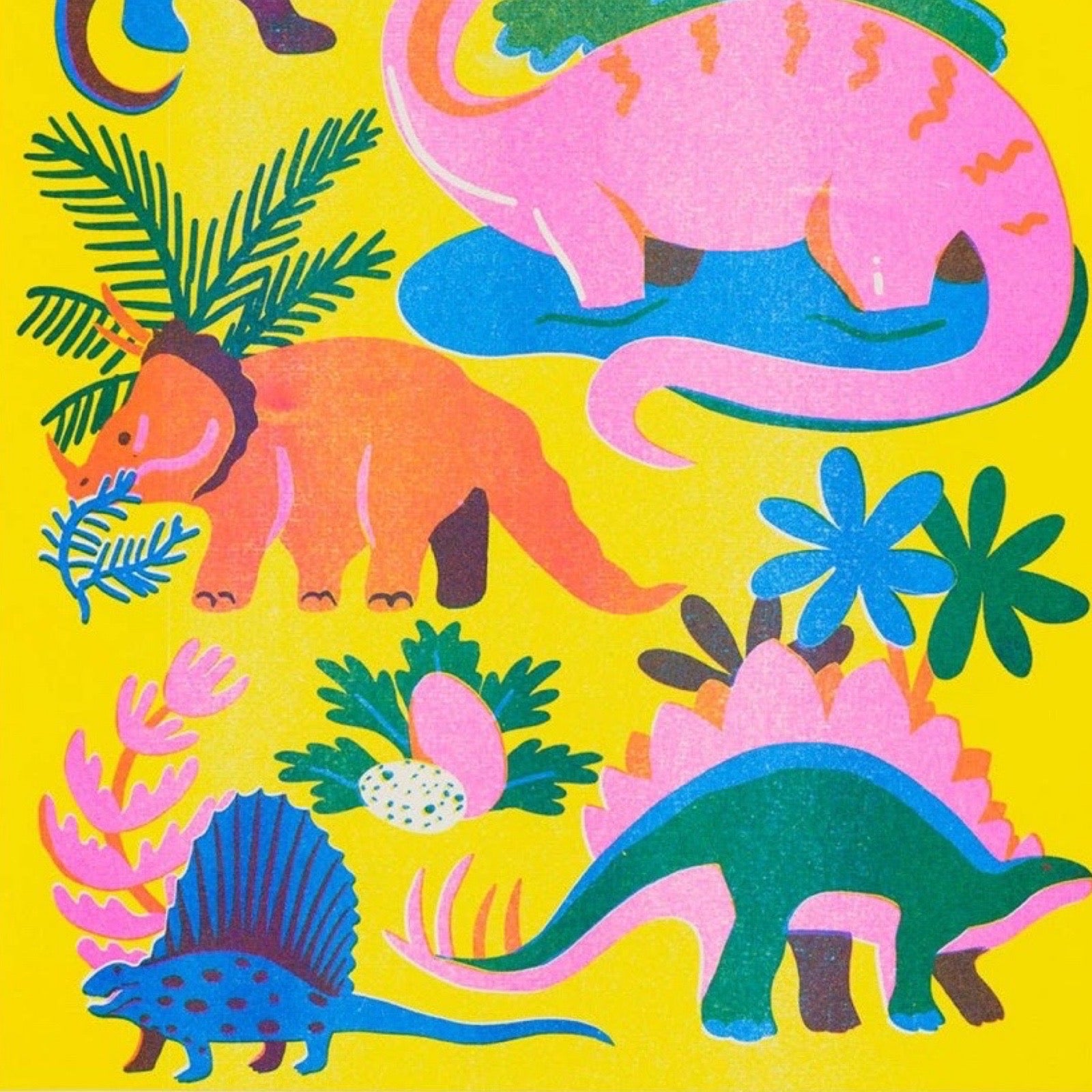 Colourful dinosaur illustrations on a yellow background.