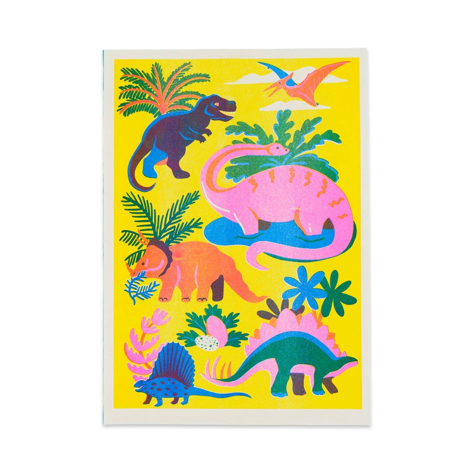 Colourful dinosaur illustrations on a yellow background.