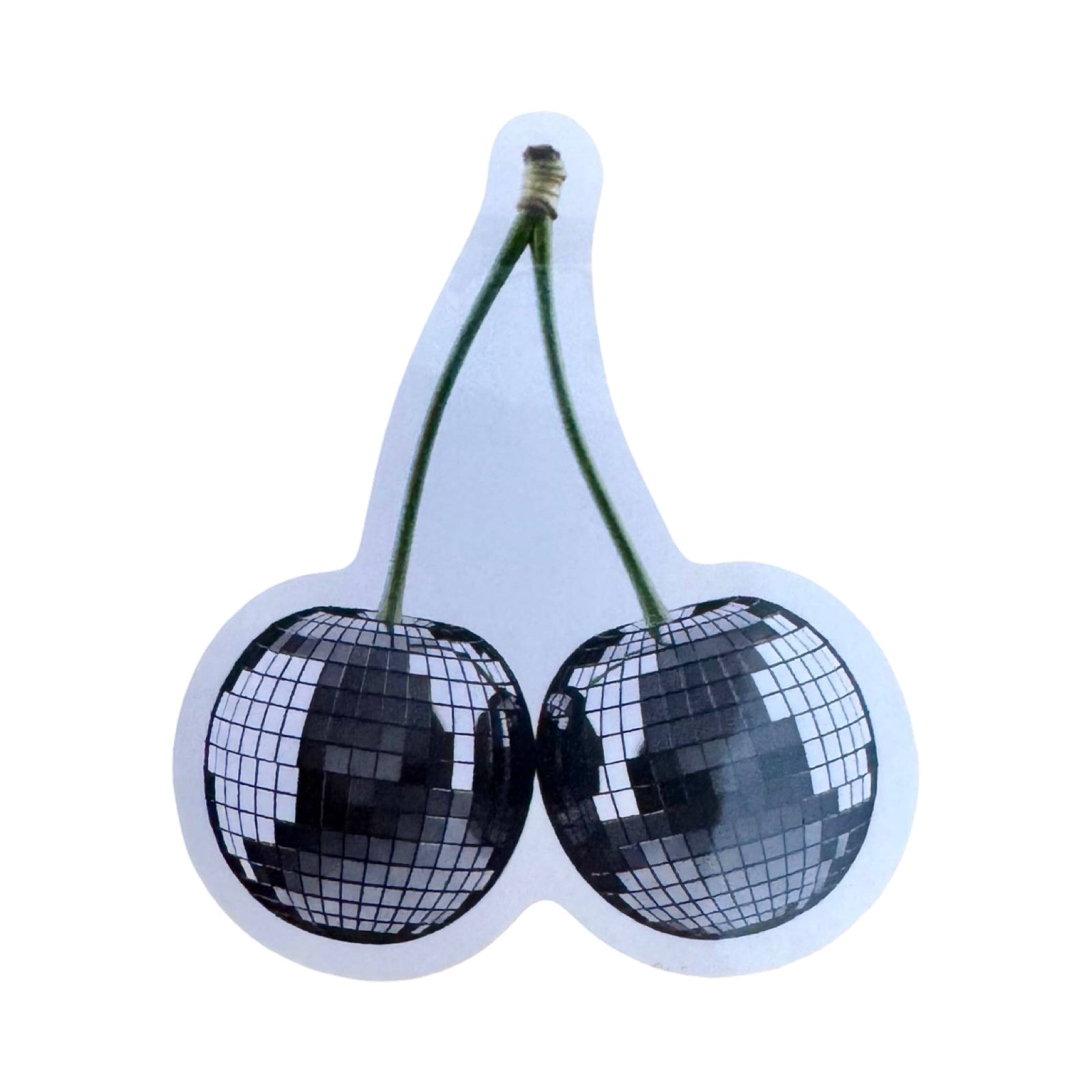 A sticker of cherries with the fruit replaced by disco balls, on a white background.