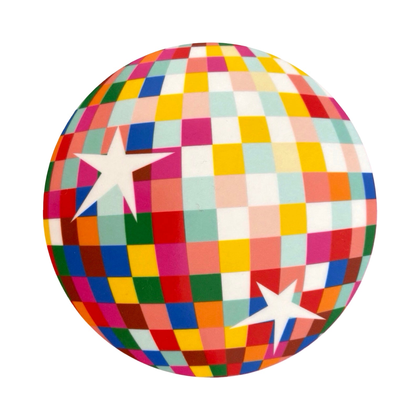 A round coaster designed as a multicoloured disco ball with 2 white stars.