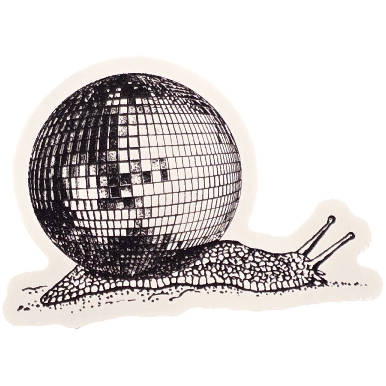 Sticker of a snail with a disco ball shell on a white background.