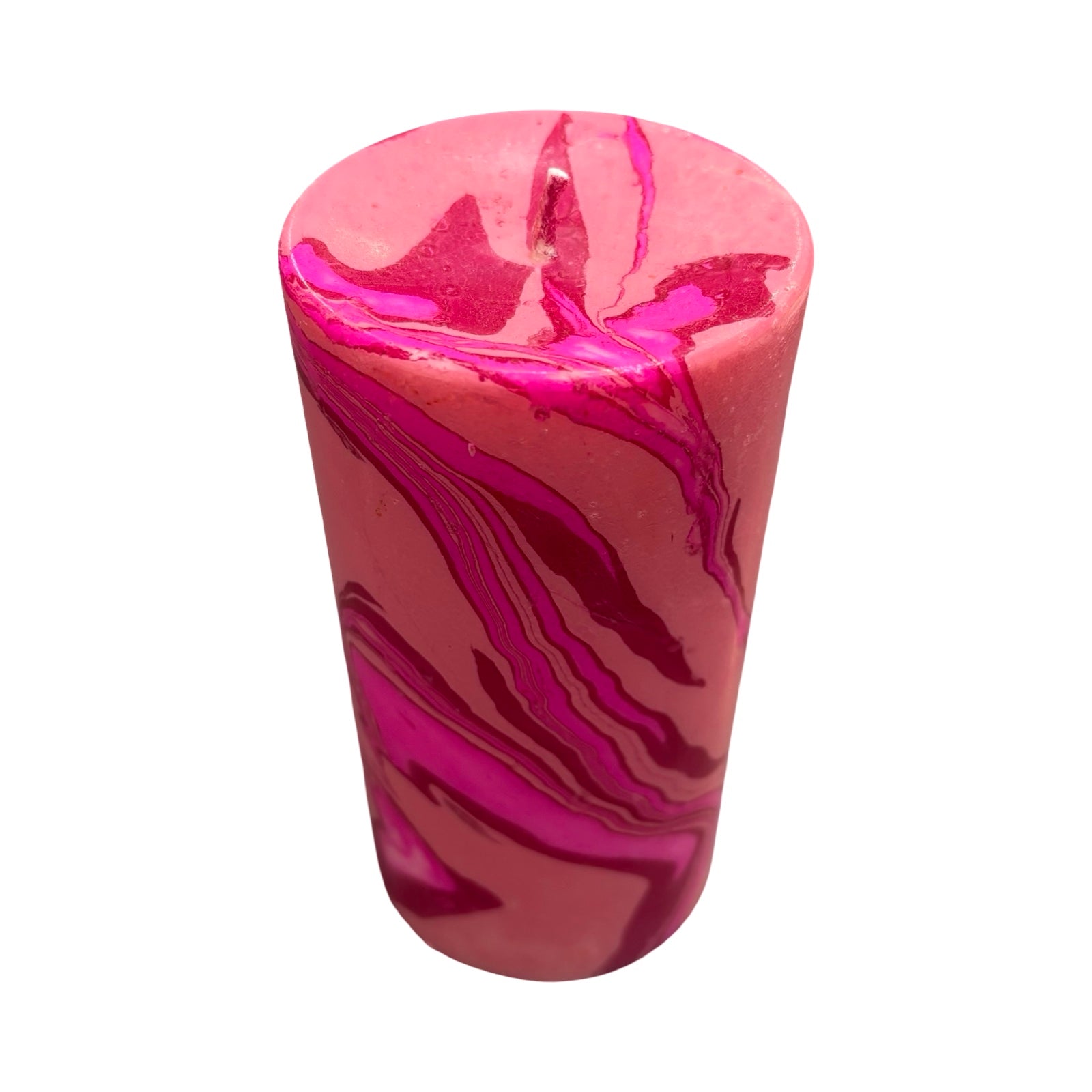 Beautiful unscented pillar candle hand-poured with soy wax and dip-dyed in magenta, red and pastel pink to creating a gorgeous marble swirl.
