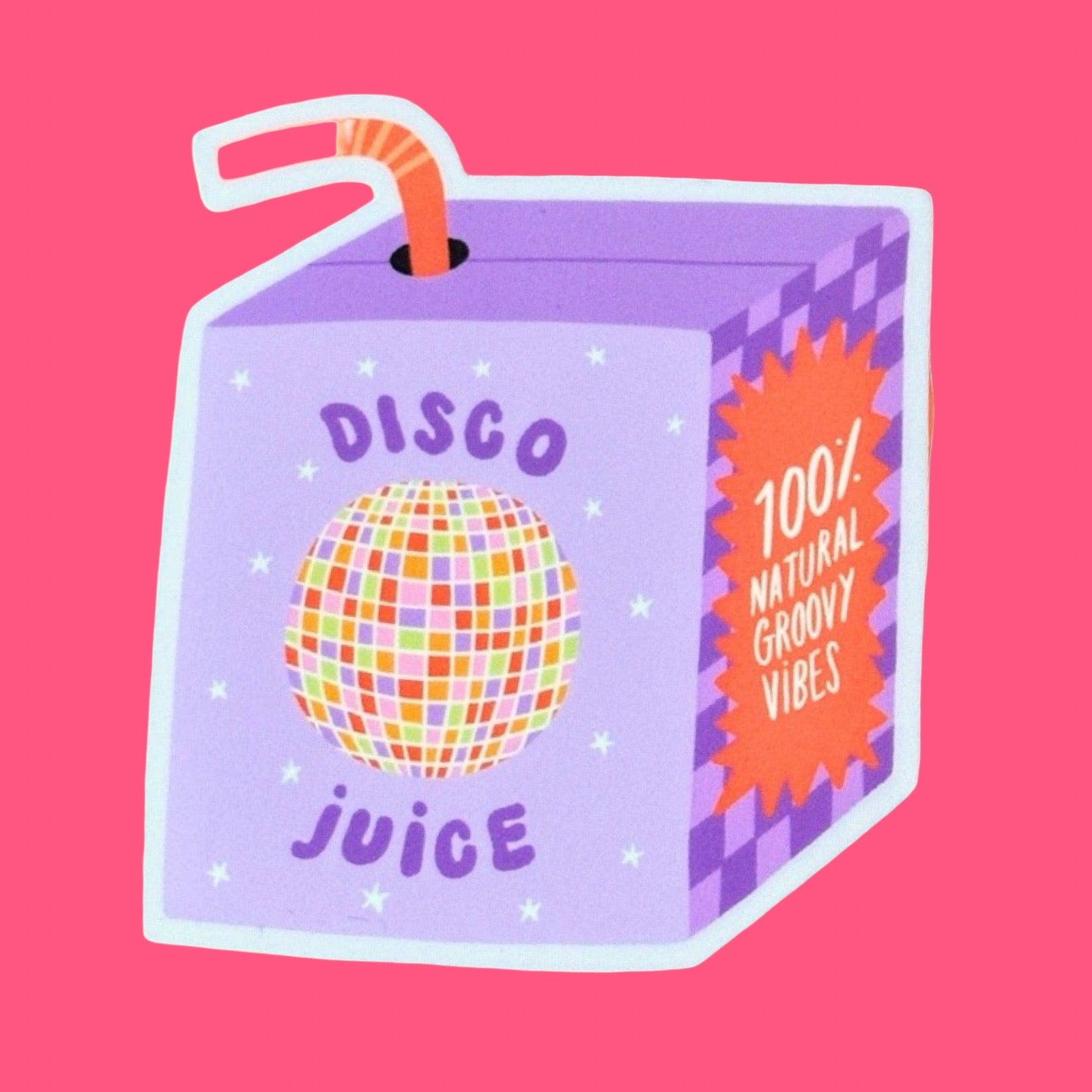 A purple disco juice box sticker on a pink background.