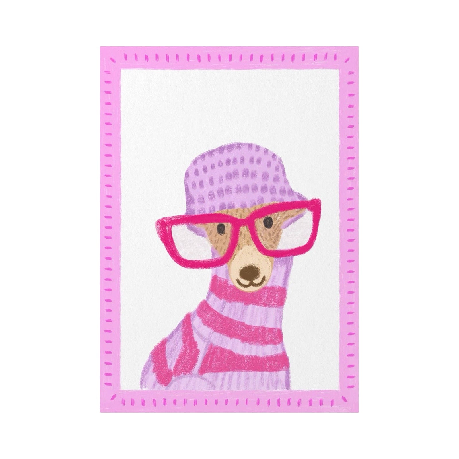 Illustration of a dog wearing a striped sweater and pink glasses with a pink border on a white background.