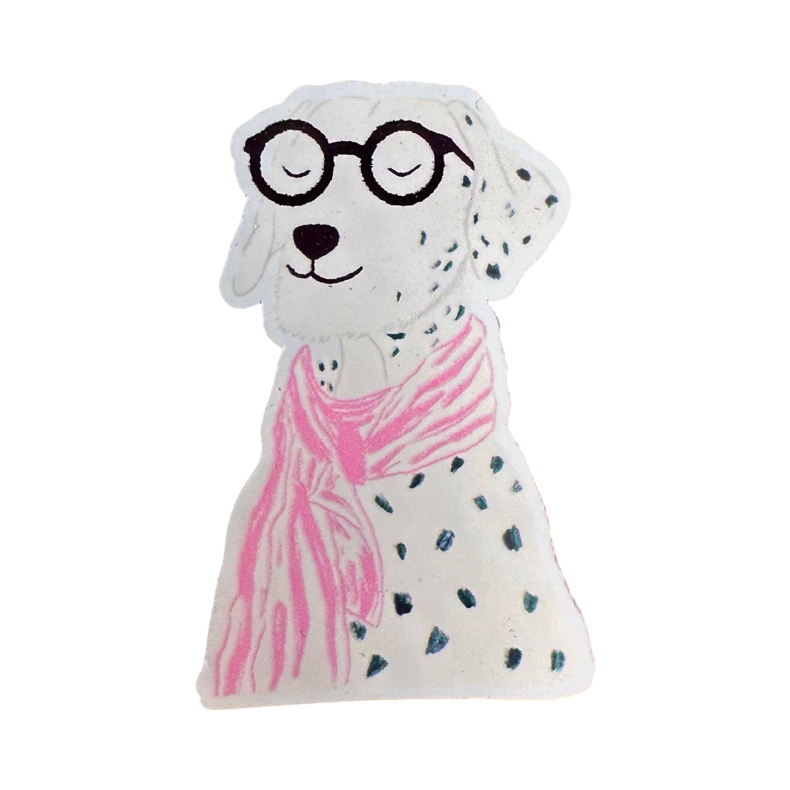 Sticker of a dog with glasses and a pink scarf on a white background.