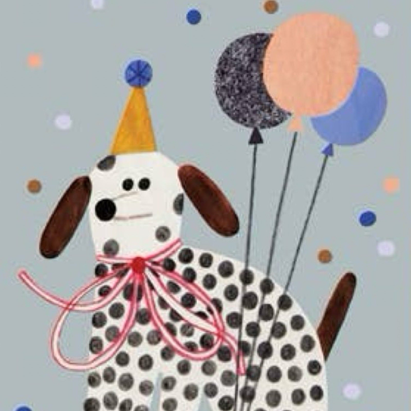 Illustration of a polka dot dog with a party hat and balloons on a light blue background.