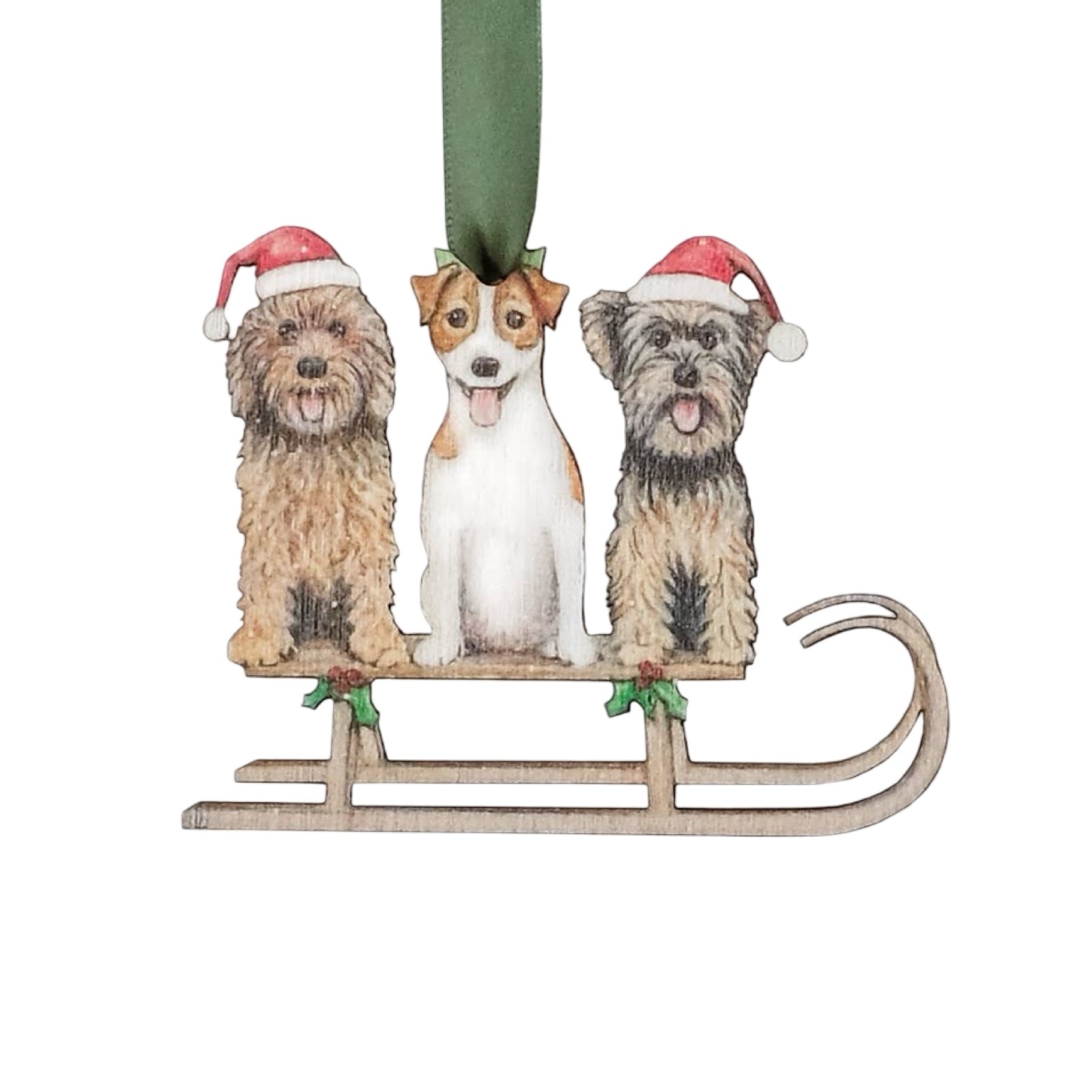 Wooden Christmas decoration of 3 dogs on a sleigh.