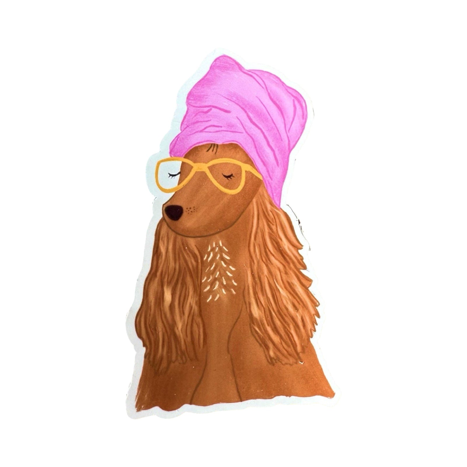 Illustration of a dog with a pink bandana and yellow glasses on a white background.