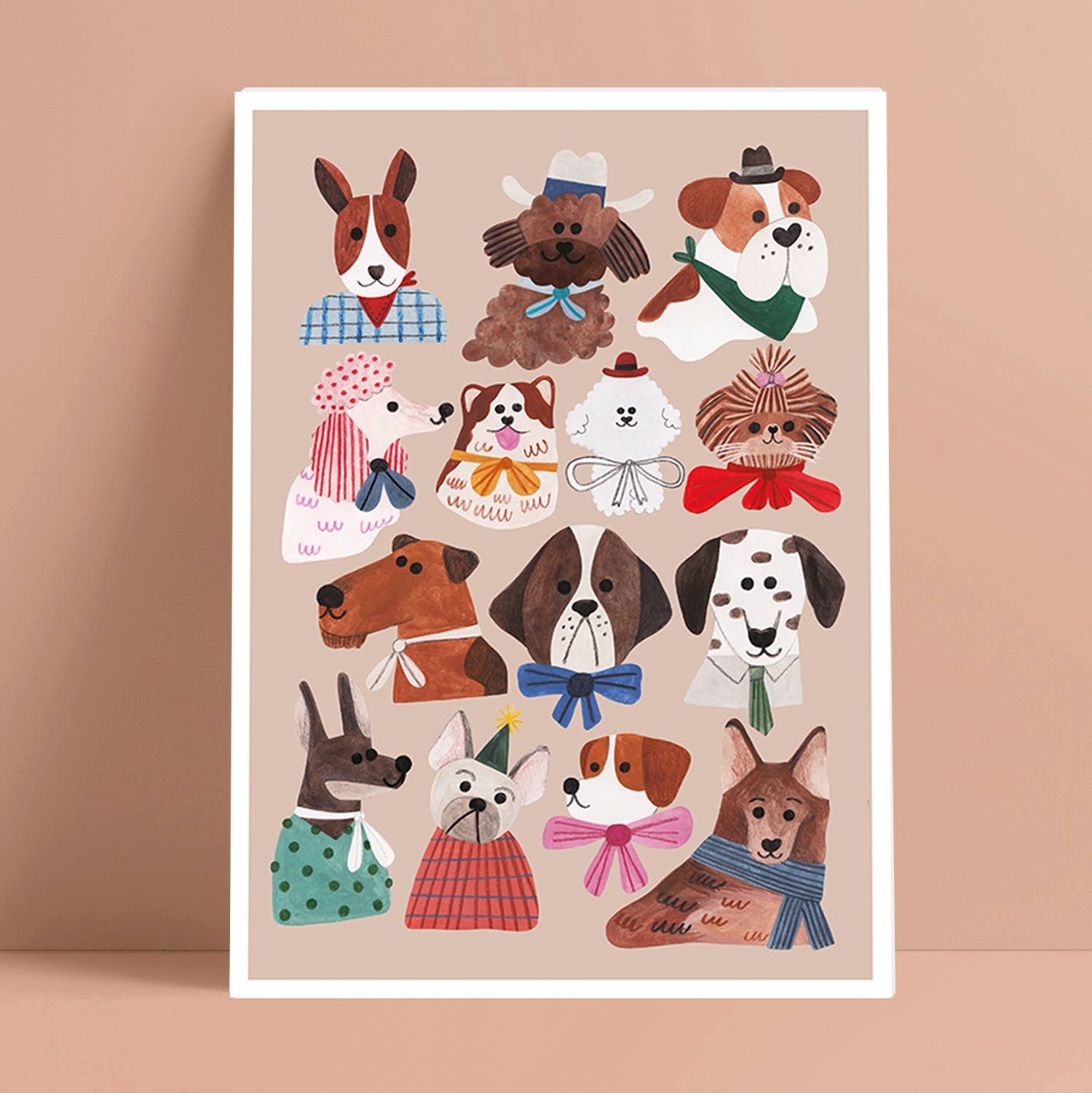 Illustration of various dogs in different outfits on a beige background.