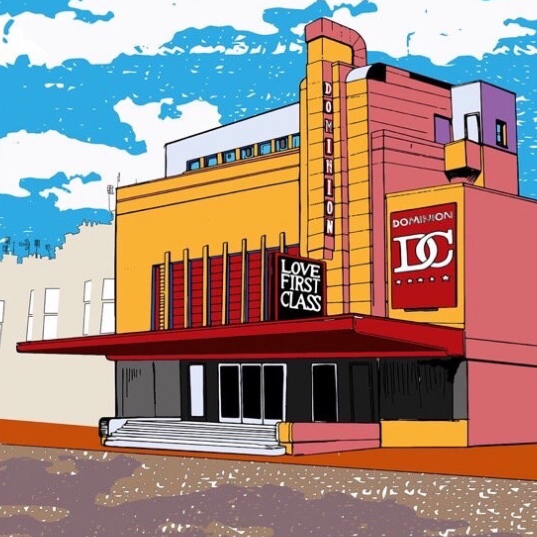 This print features an illustration of the Dominion Cinema in Morningside, Edinburgh