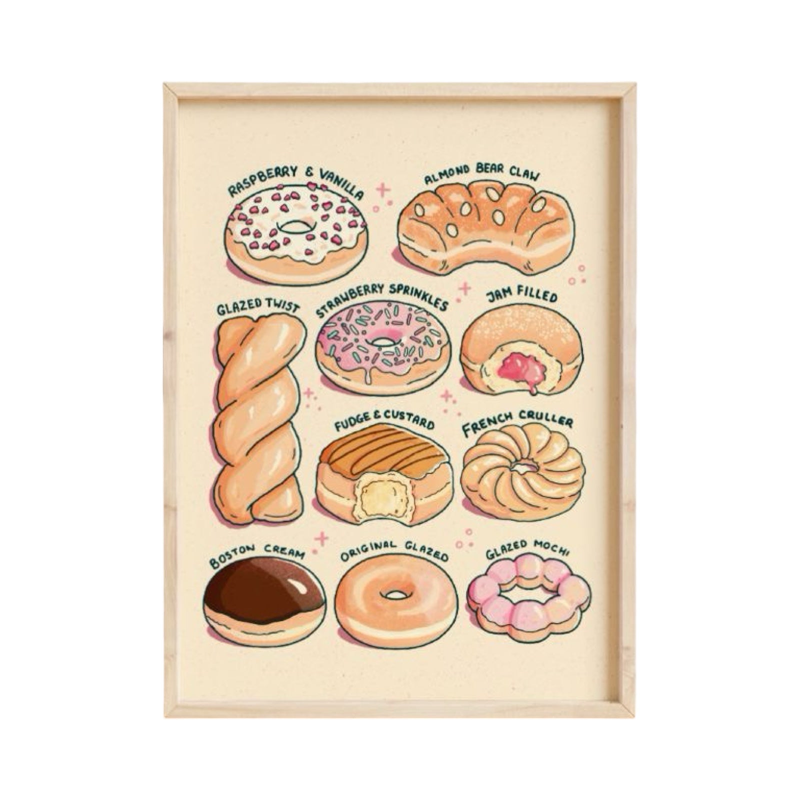 This art print features illustrations of different delicious looking donuts.