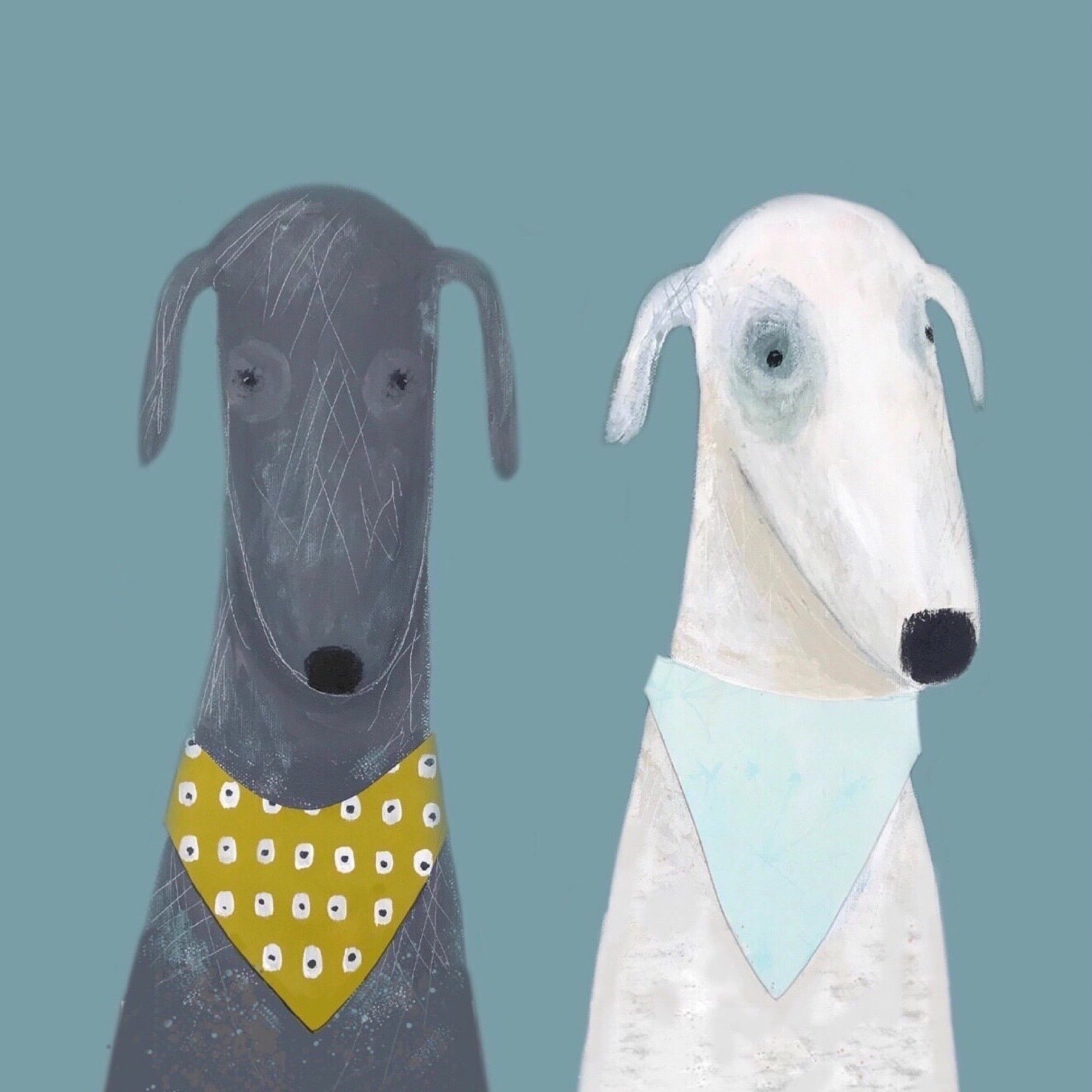 Two cartoon dogs with bandanas on a blue background.