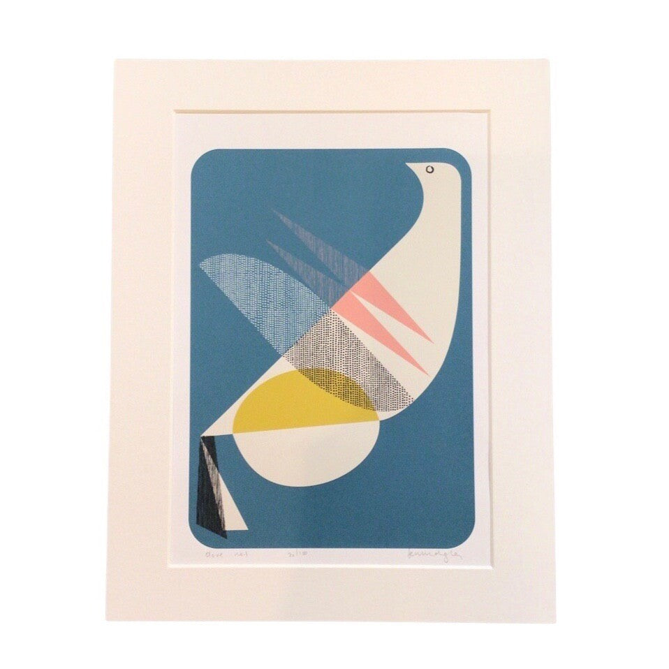 Print taken from an original collage of a white abstract dove against a teal background.