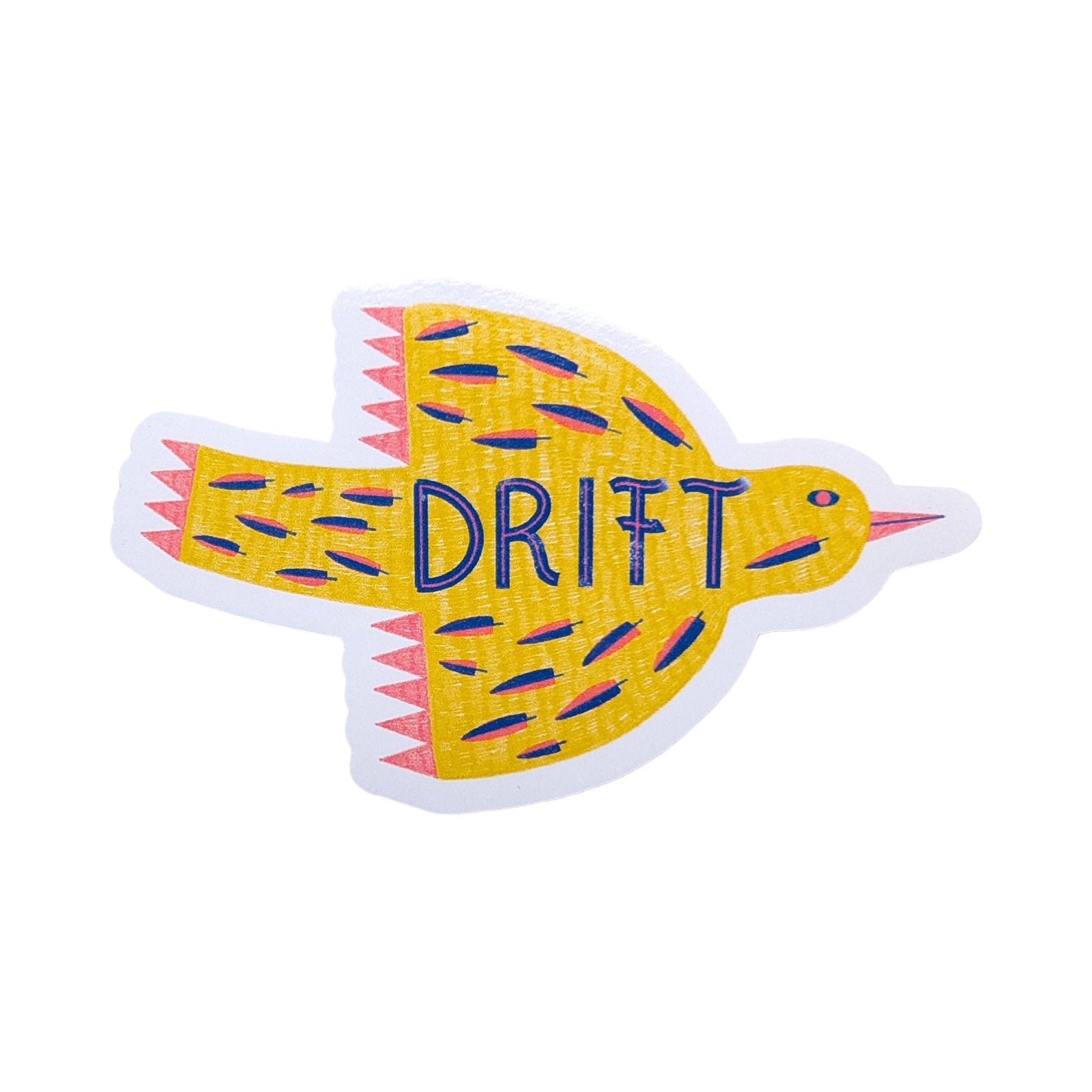 Yellow bird-shaped sticker with 'DRIFT' text on a white background.