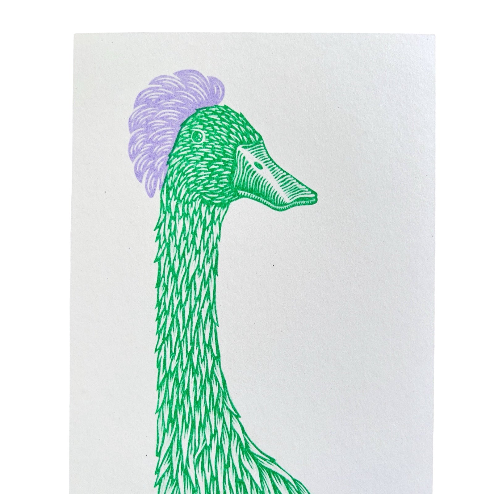 Green duck with purple head on a white background.