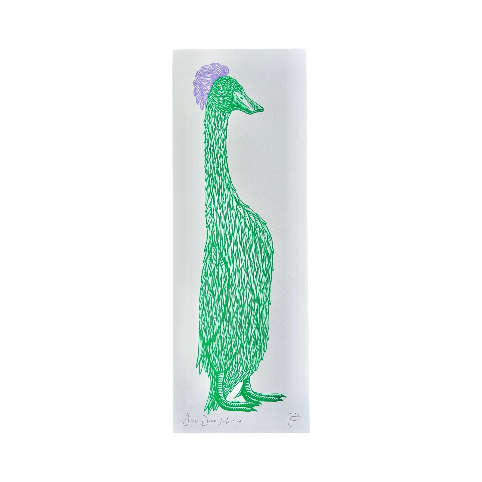 Green goose illustration with a purple head on a white background.