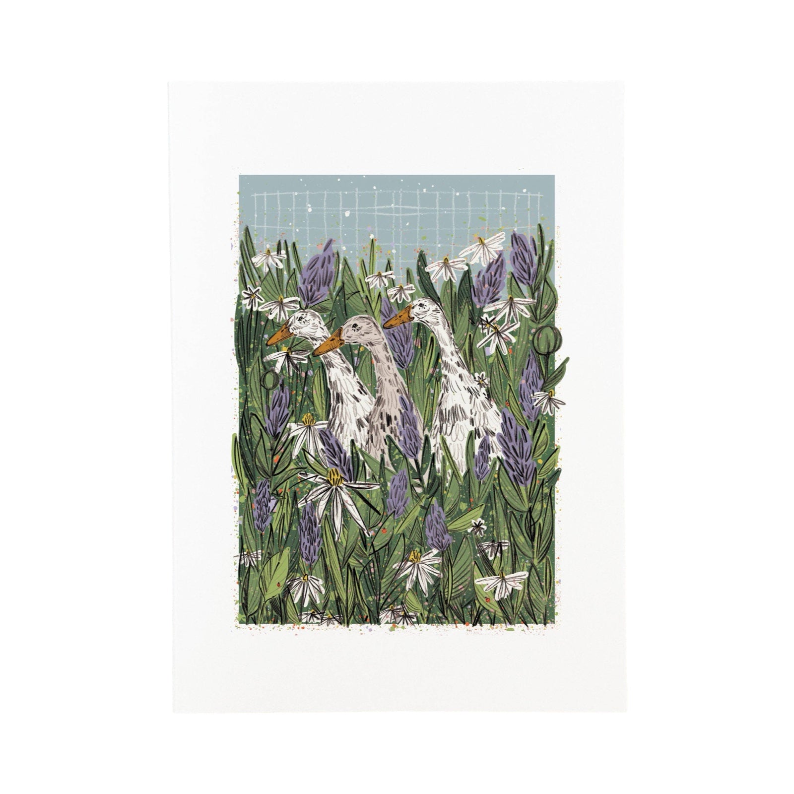 A print of three ducks standing tall in a garden of long grass and meadow flowers.