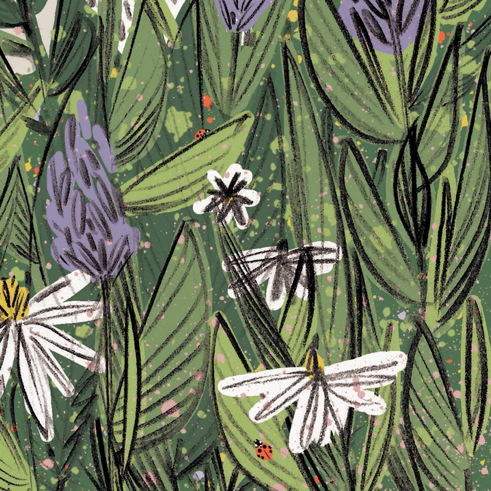 An illustration of grass and meadow flowers.
