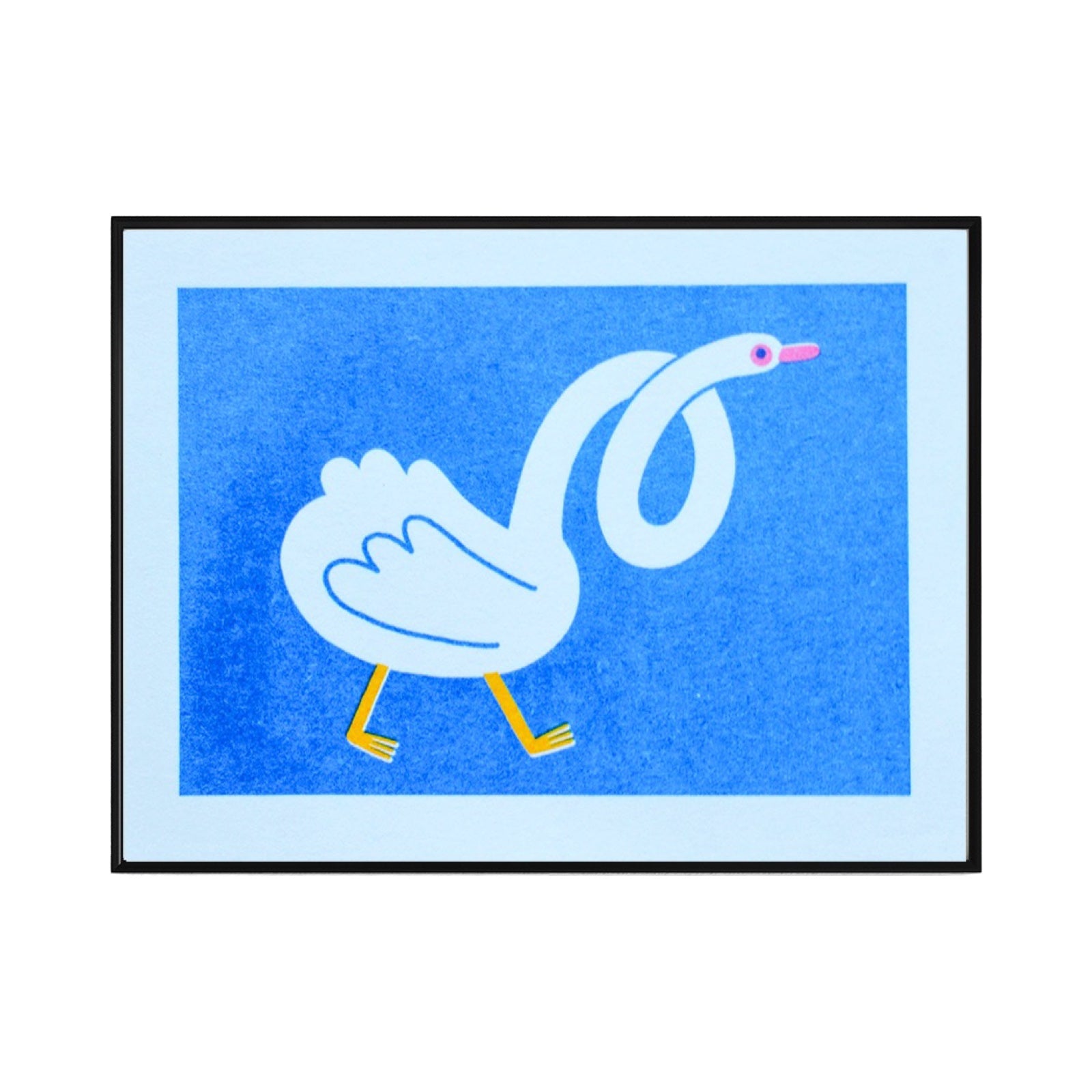 A risograph mini print of a white duck with a twisting neck on a blue background.