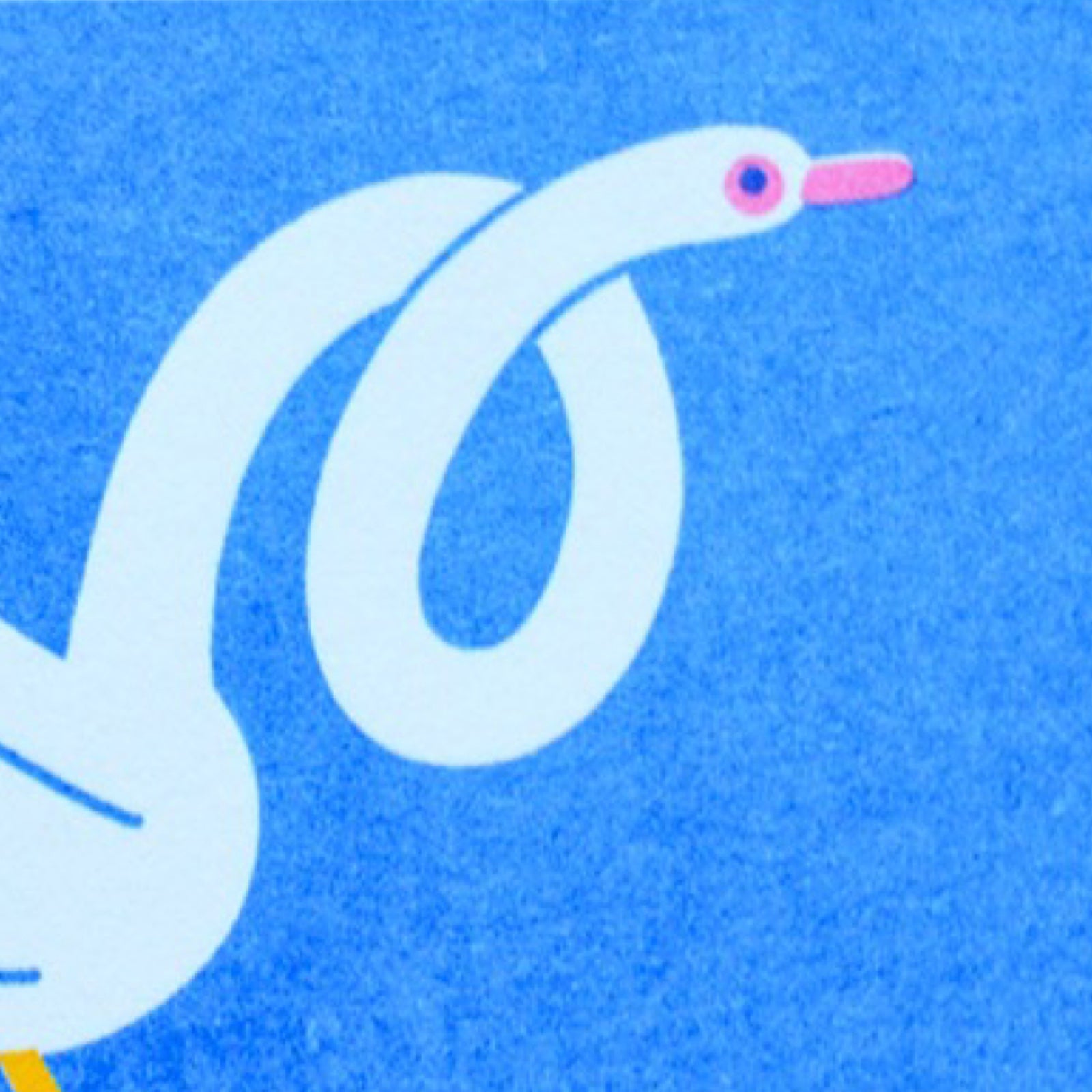 A risograph mini print of a white duck with a twisting neck on a blue background.