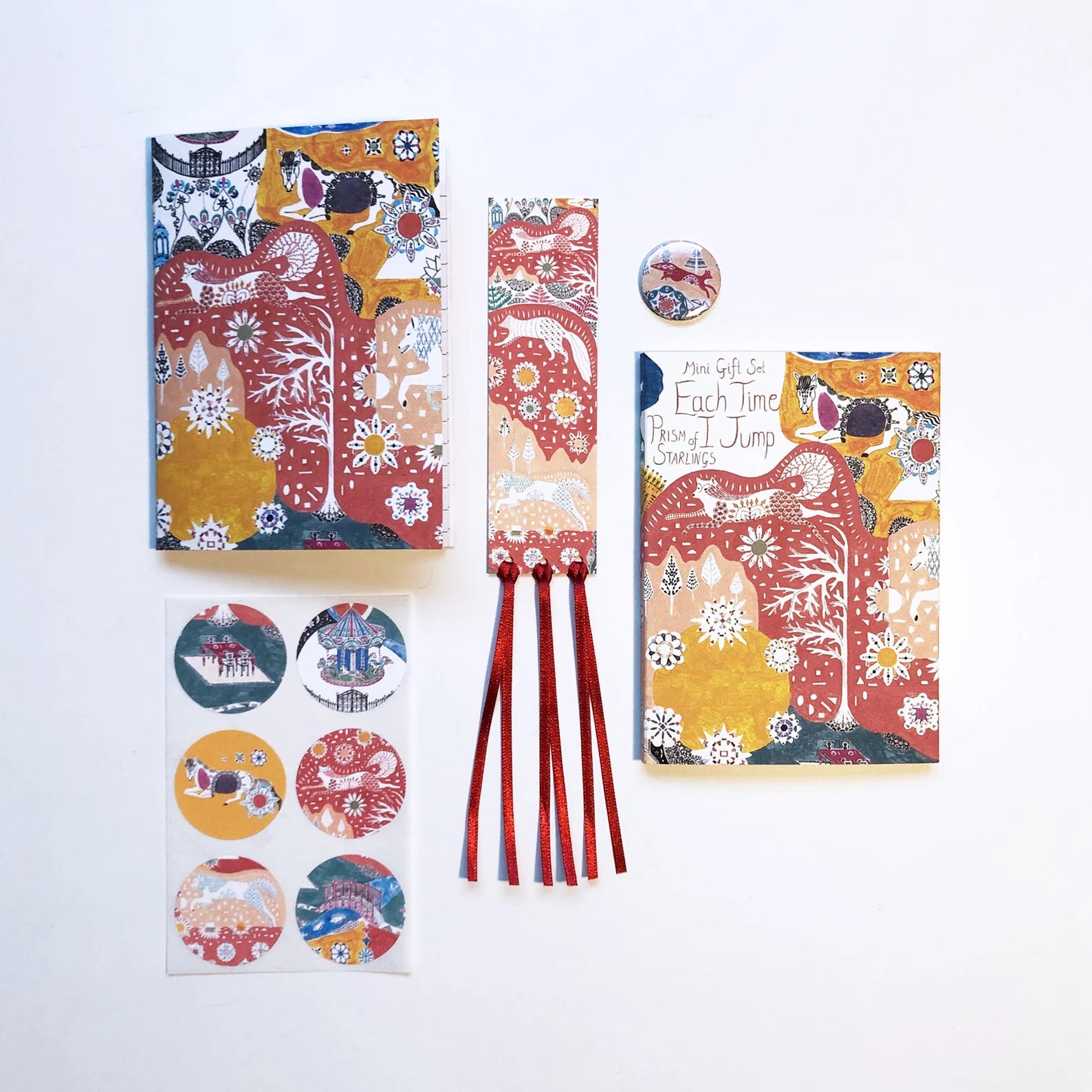 Collection of decorative items with floral and patterns on a white background.