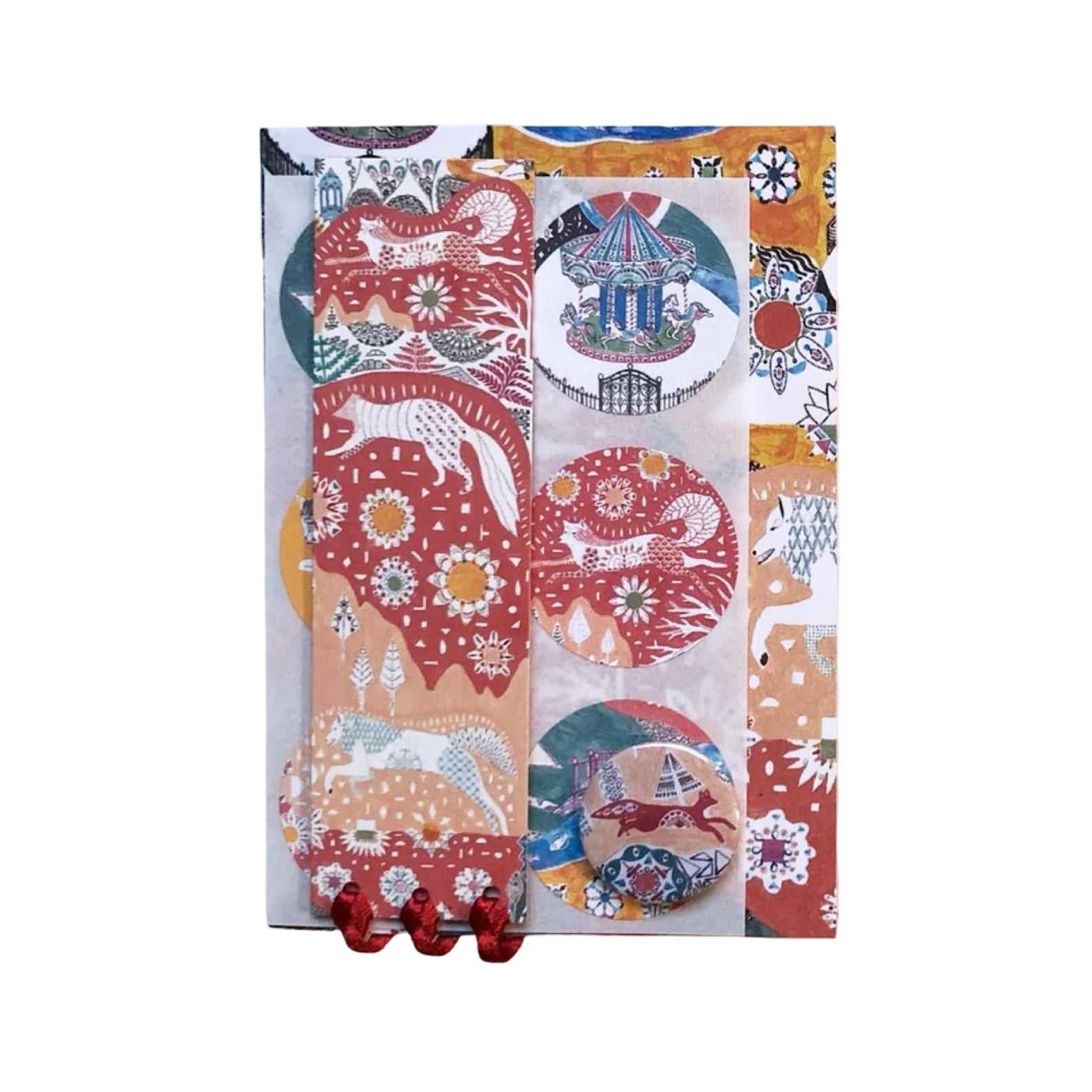 Decorative stationary set with colourful patterns on a white background.