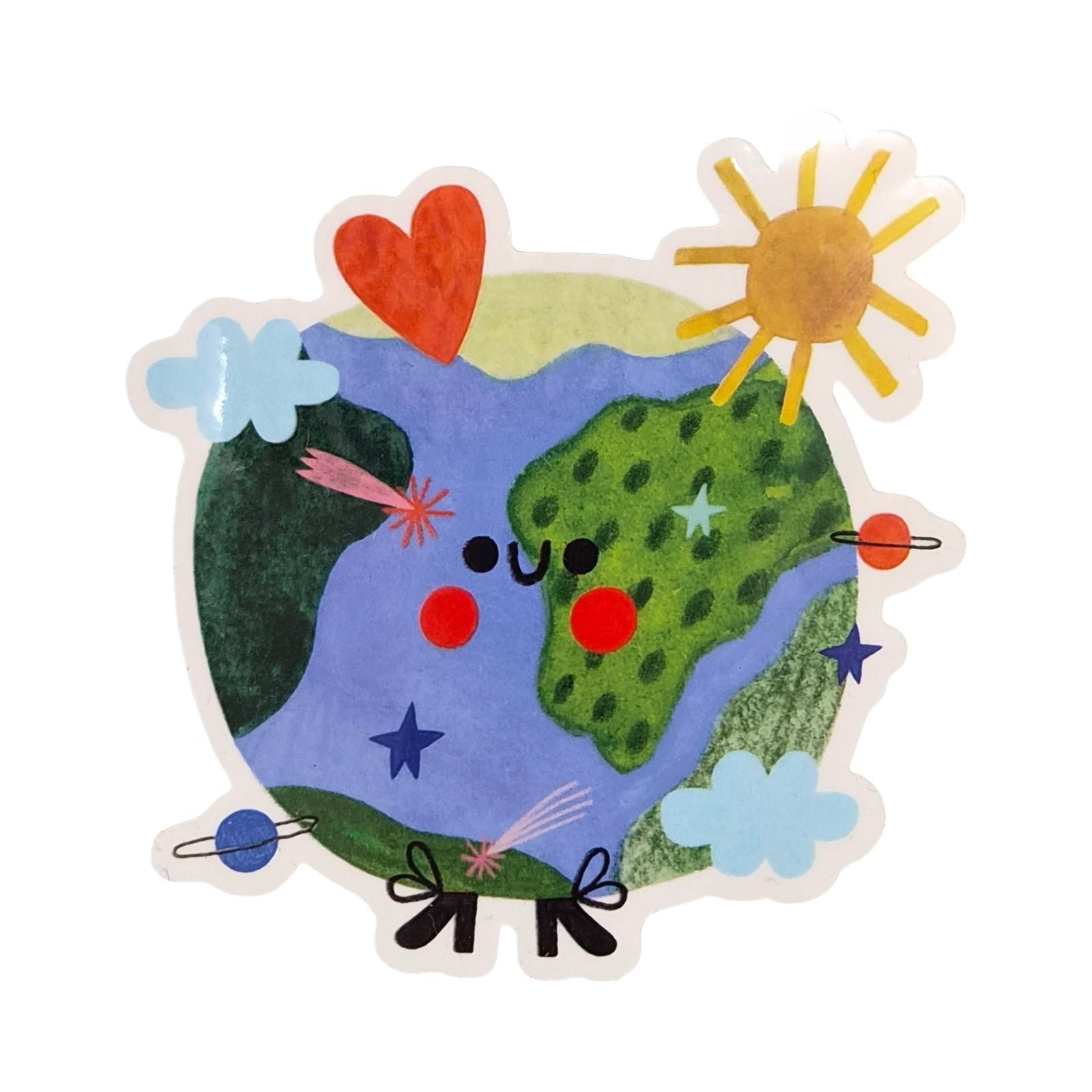 Colourful illustration of the earth with a smile, a heart, sun, shoes and flowers on a white background.