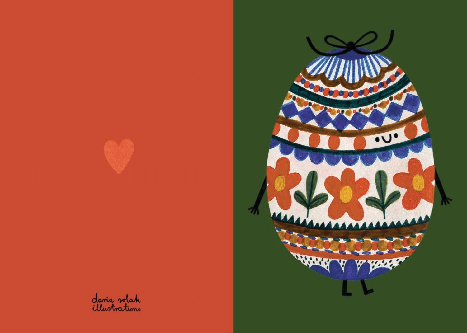 Decorative egg card with floral patterns on a green and orange background.