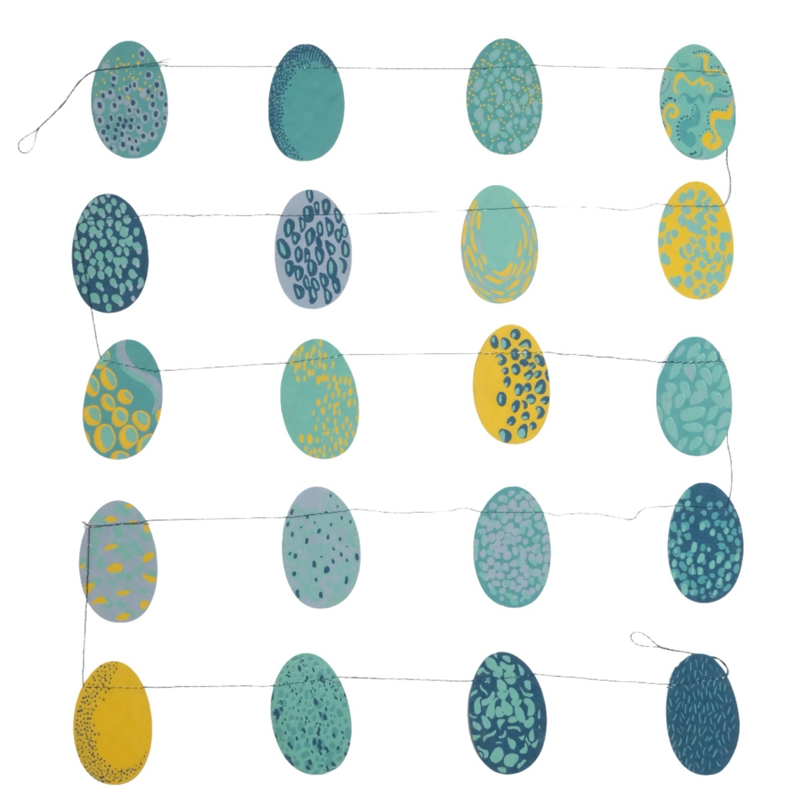 Easter egg paper garland (with 20 eggs) in various shades of blue and yellow.