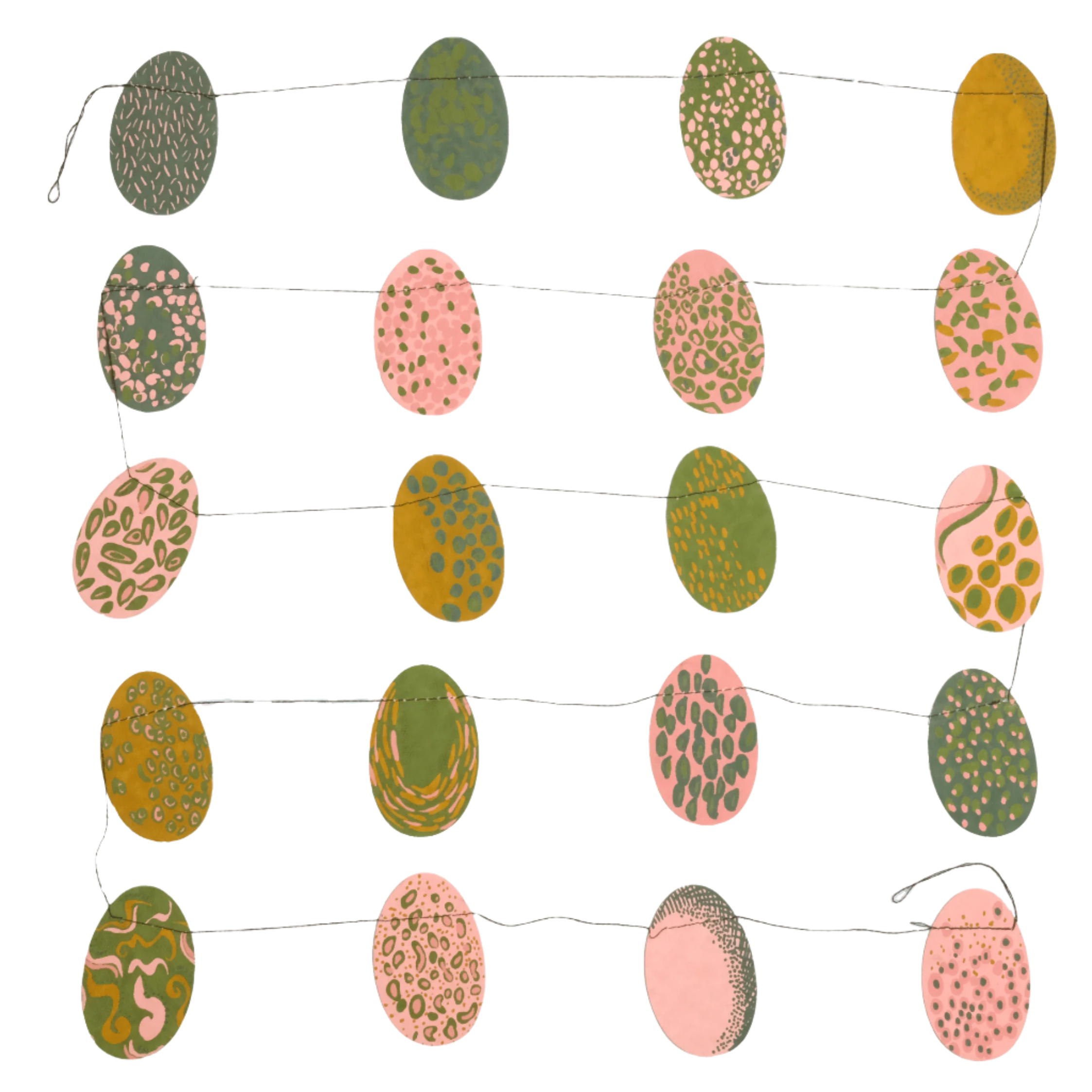 Easter egg paper garland (with 20 eggs) in various shades of pink and green.