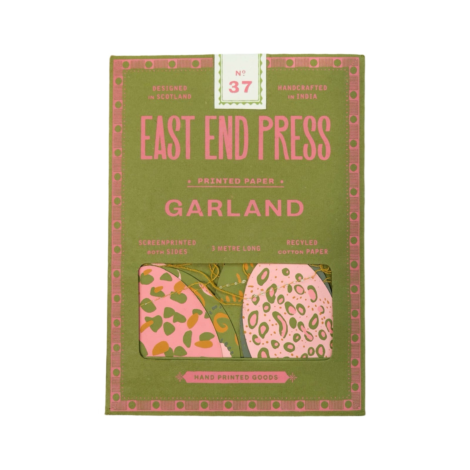Green paper packet with pink text for a pink Easter egg paper garland.