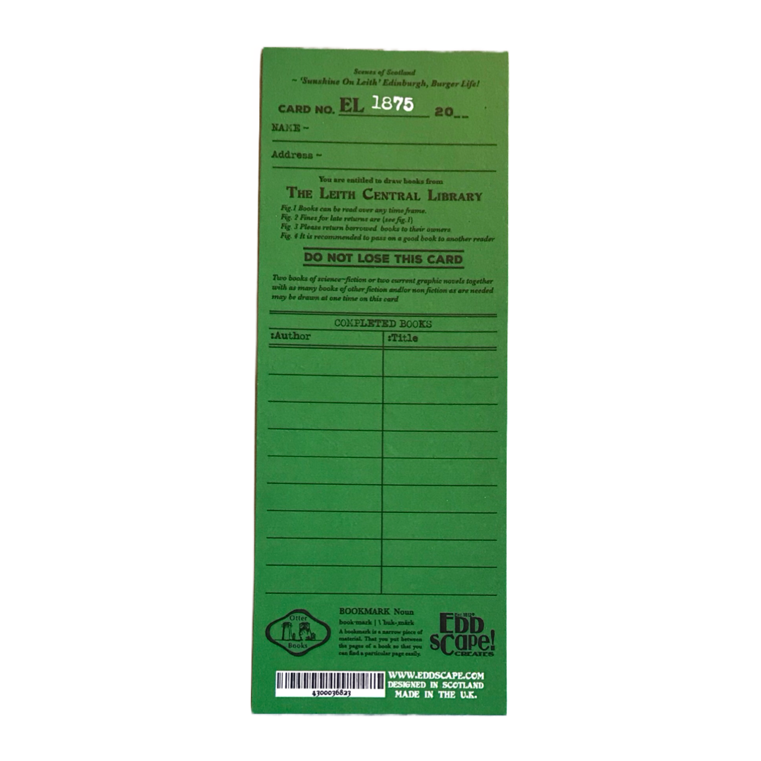 Bookmark featuring a panoramic landscape illustration of Hibs Easter Stadium, Leith, Edinburgh. The back of this bookmark is designed to resemble an old-fashioned library card.