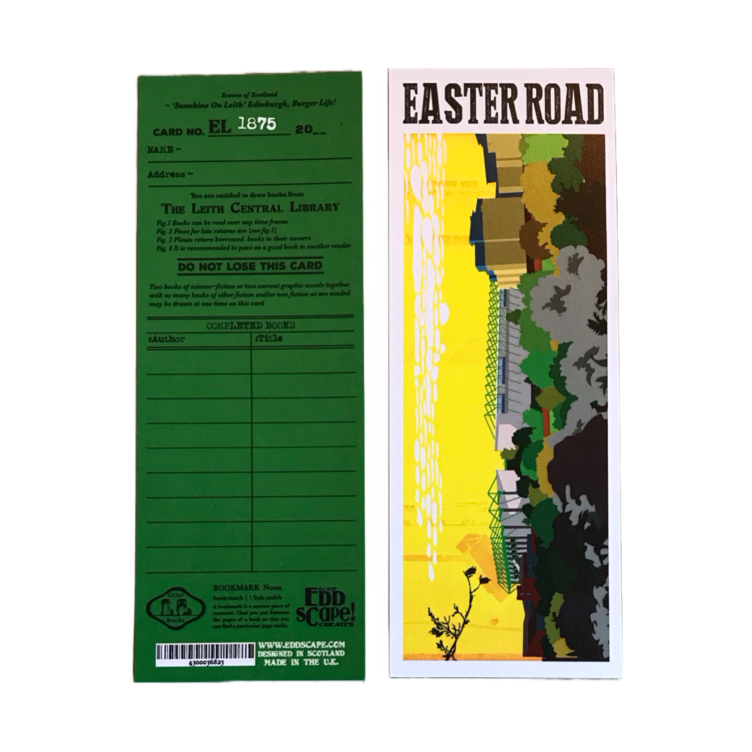 Bookmark featuring a panoramic landscape illustration of Hibs Easter Stadium, Leith, Edinburgh. The back of this bookmark is designed to resemble an old-fashioned library card.