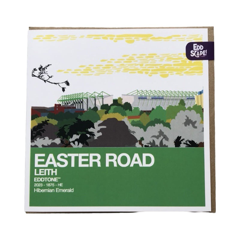 Square card featuring an illustration of Easter Road Stadium, home of Hibernian Football Club in Edinburgh