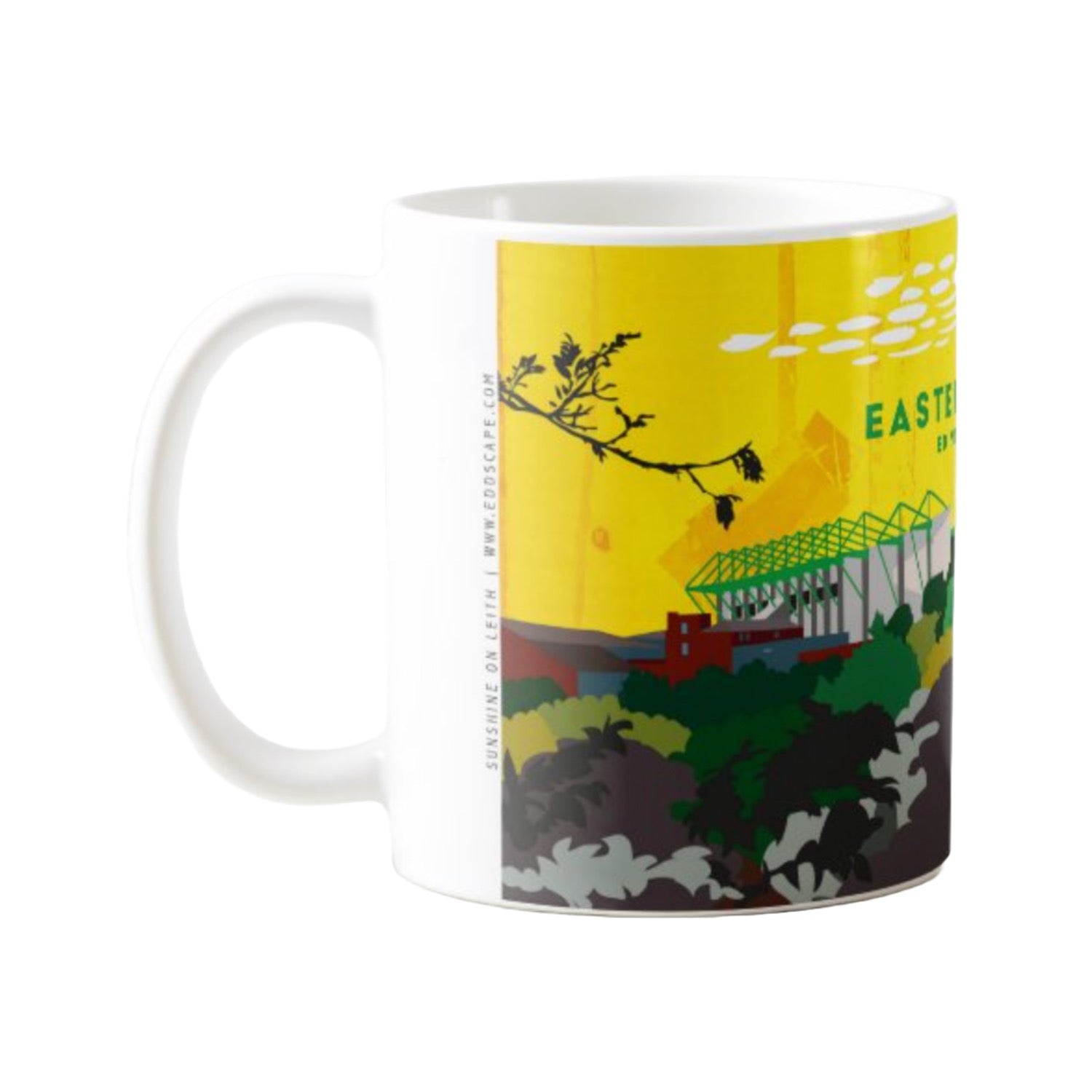 This mug features a striking panoramic artwork of Easter Road Stadium in Edinburgh, home of Hibernian Football Club