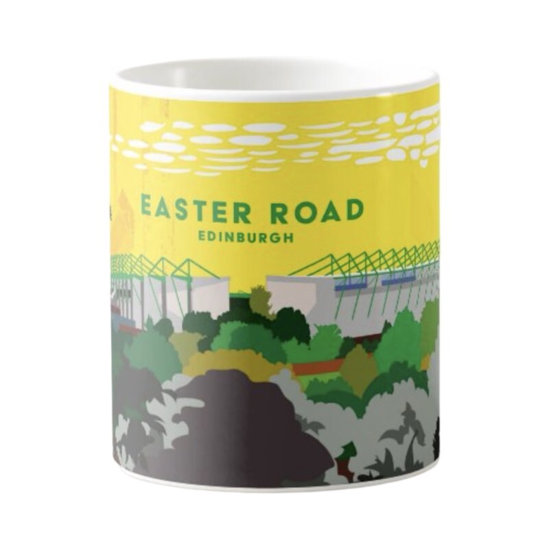 This mug features a striking panoramic artwork of Easter Road Stadium in Edinburgh