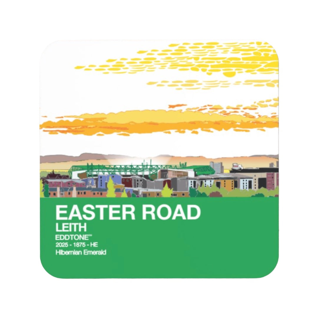 Coaster featuring an illustration of the Leith with Hibernian Easter Rd Stadium, Edinburgh