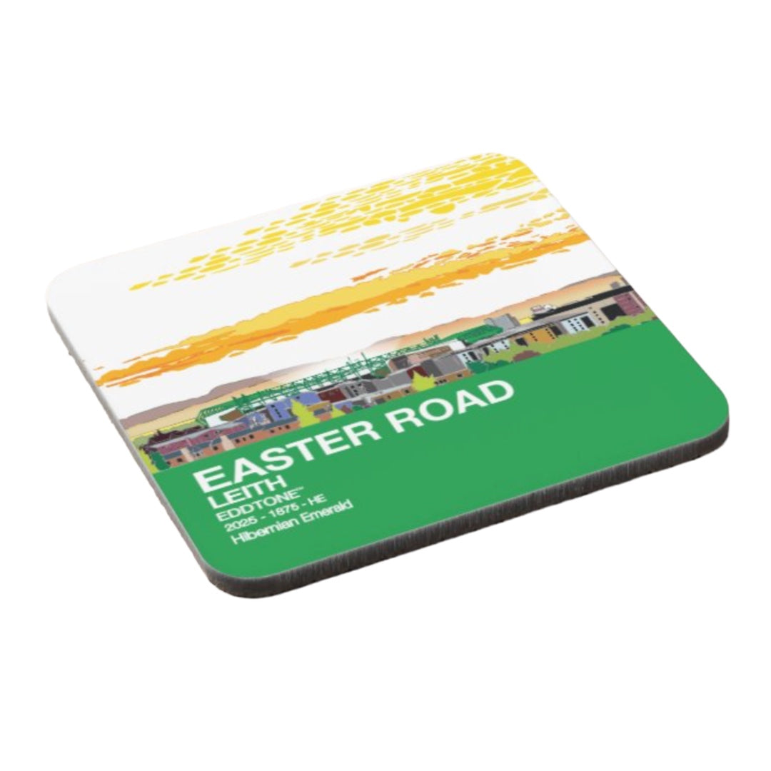 Coaster featuring an illustration of the Leith with Hibernian Easter Rd Stadium, Edinburgh