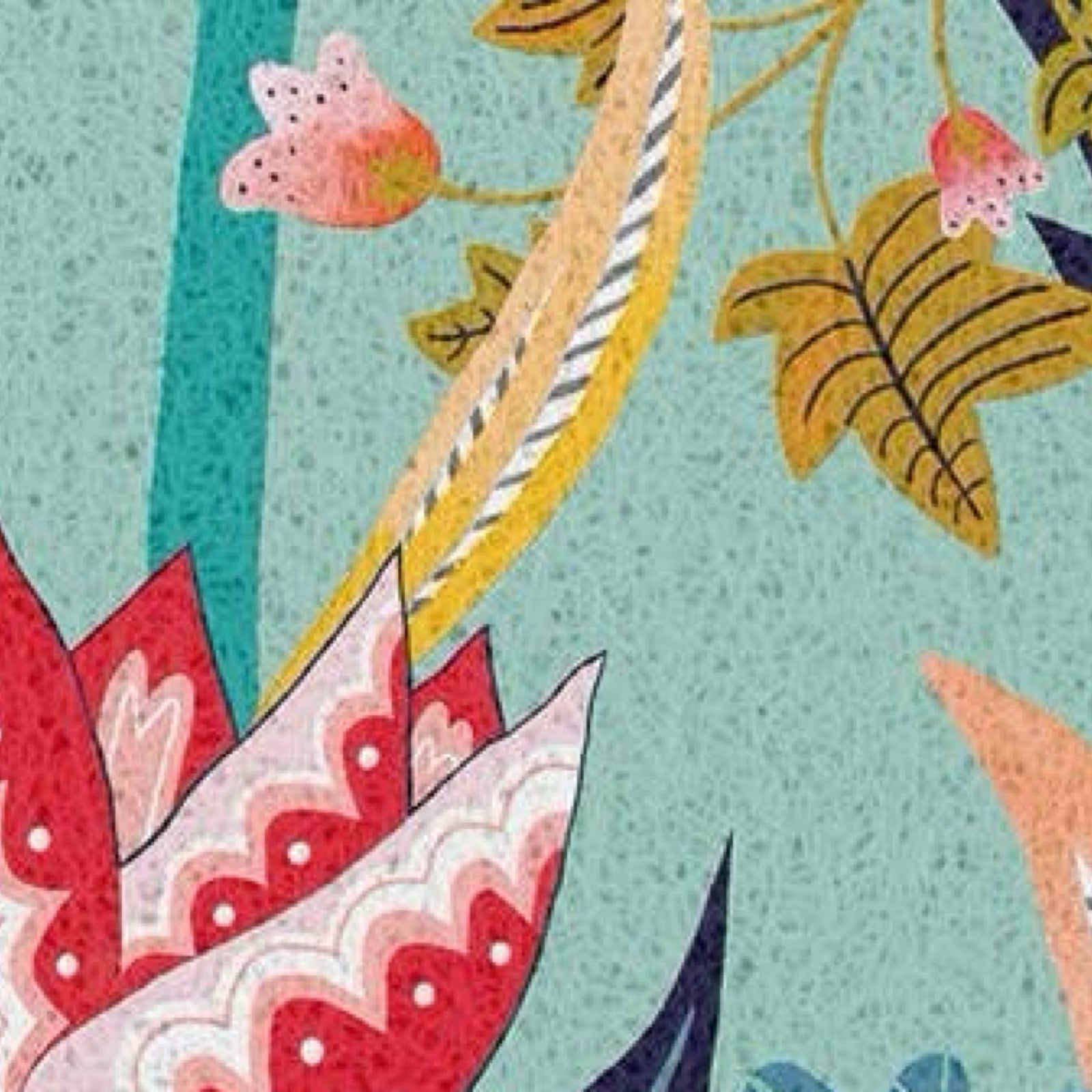 A close-up of a colourful botanical pattern featuring stylised leaves and flowers on a textured light teal background.