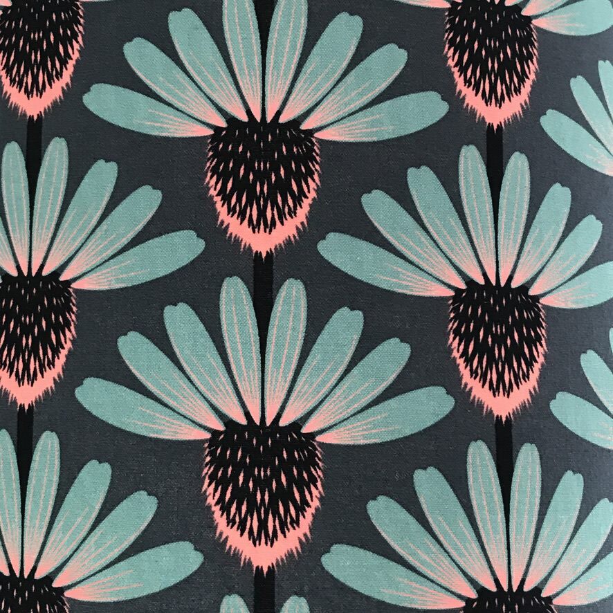 Teal fabric with teal, brown and pink echinacea flowers