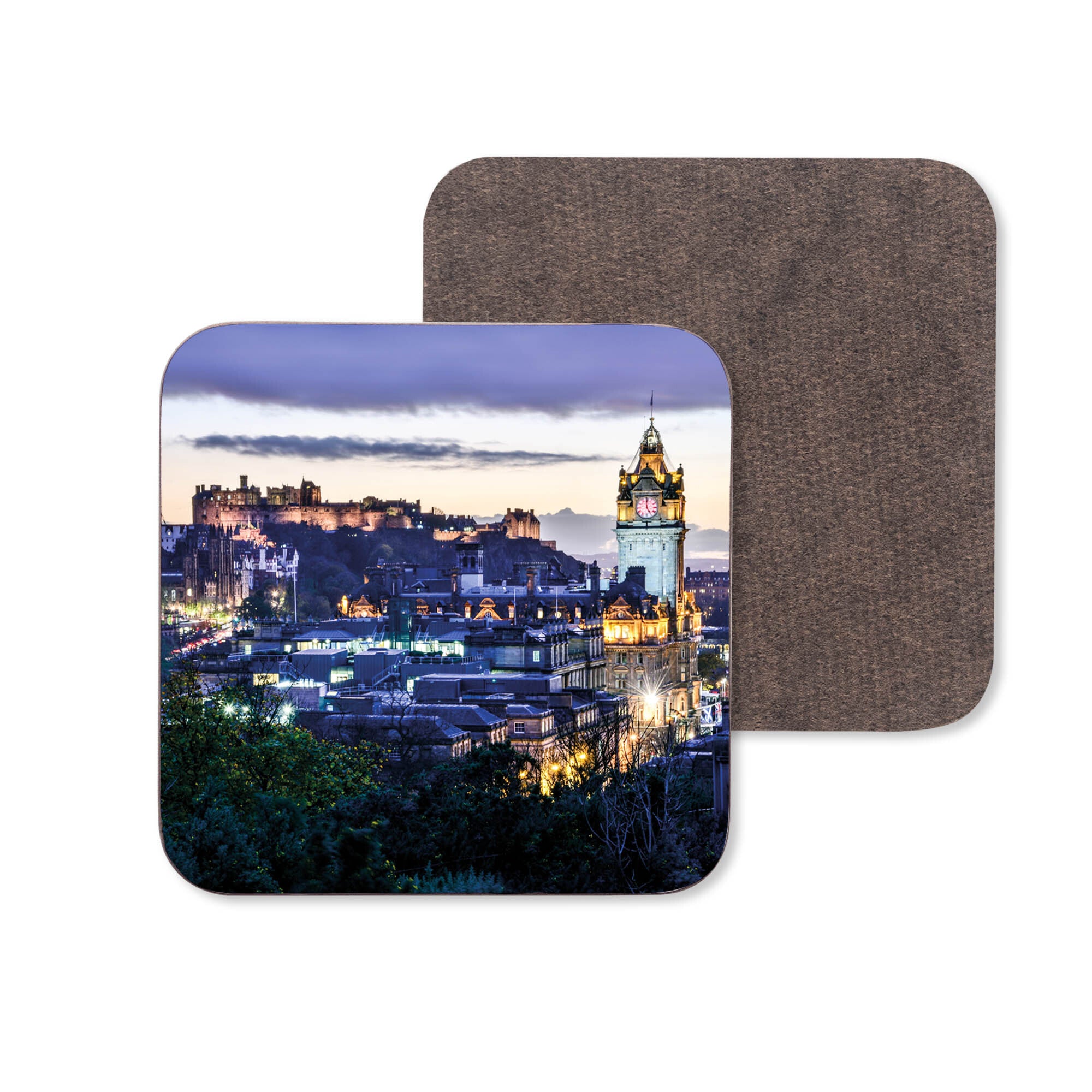 An imag of the Edinburgh skyline featuring Edinburgh Castle and the Balmoral Hotel on a coaster.