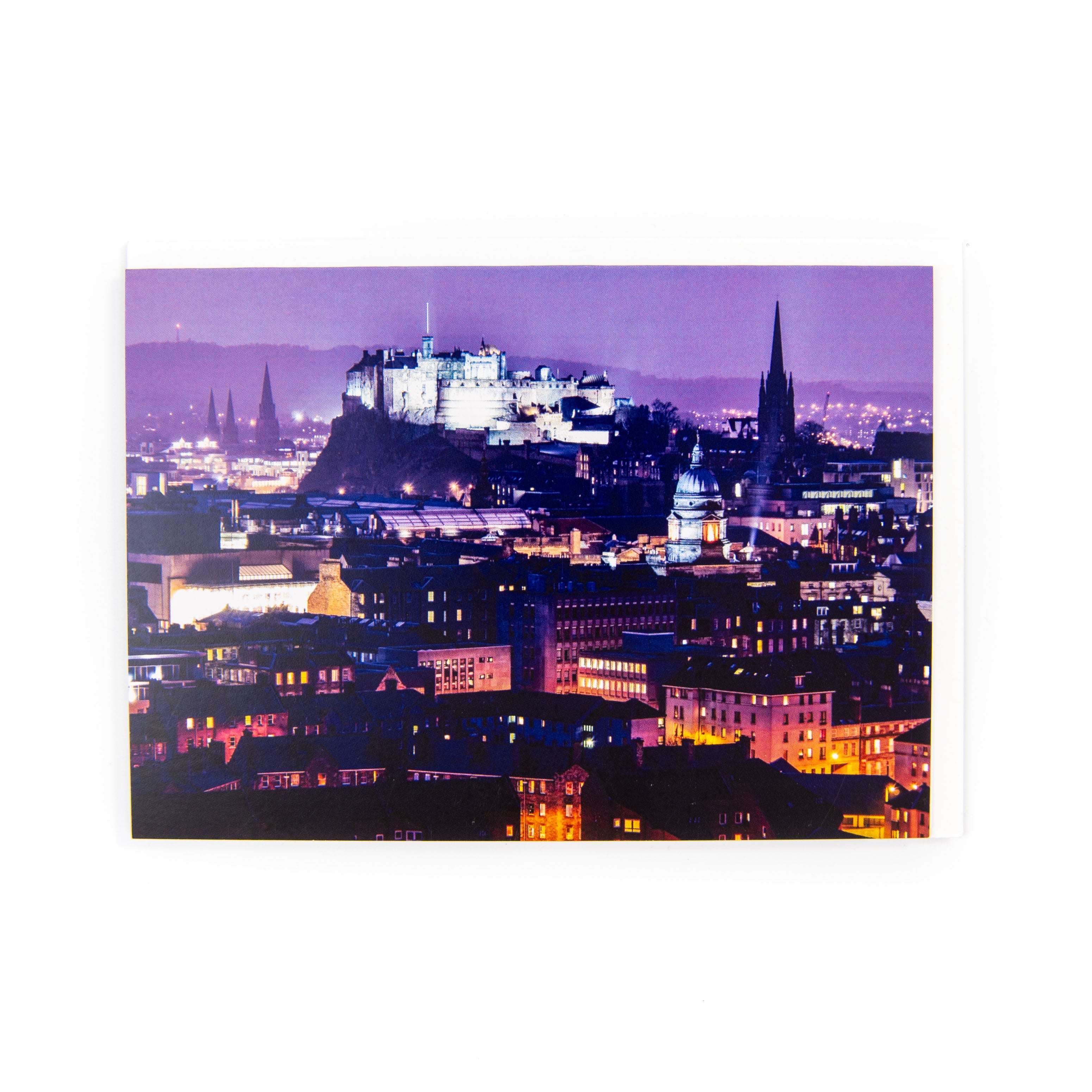 A greeting card featuring a photograph of Edinburgh Castle with the cityscape in the background, printed on the front.