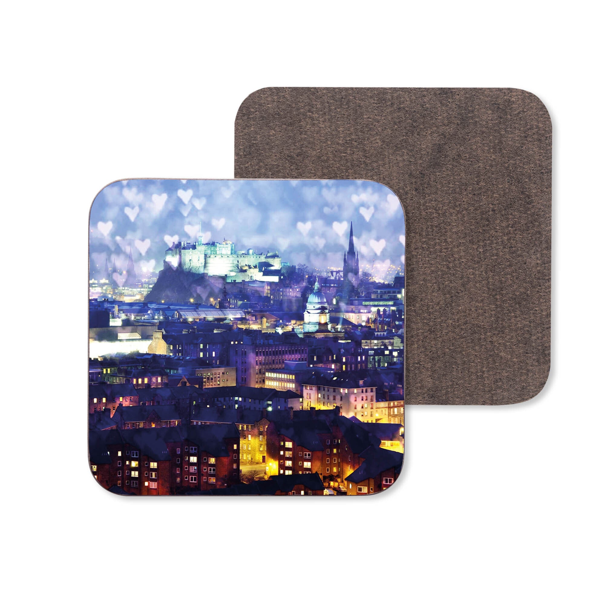 An image of Edinburgh Castle with a sky of love hearts on a coaster.