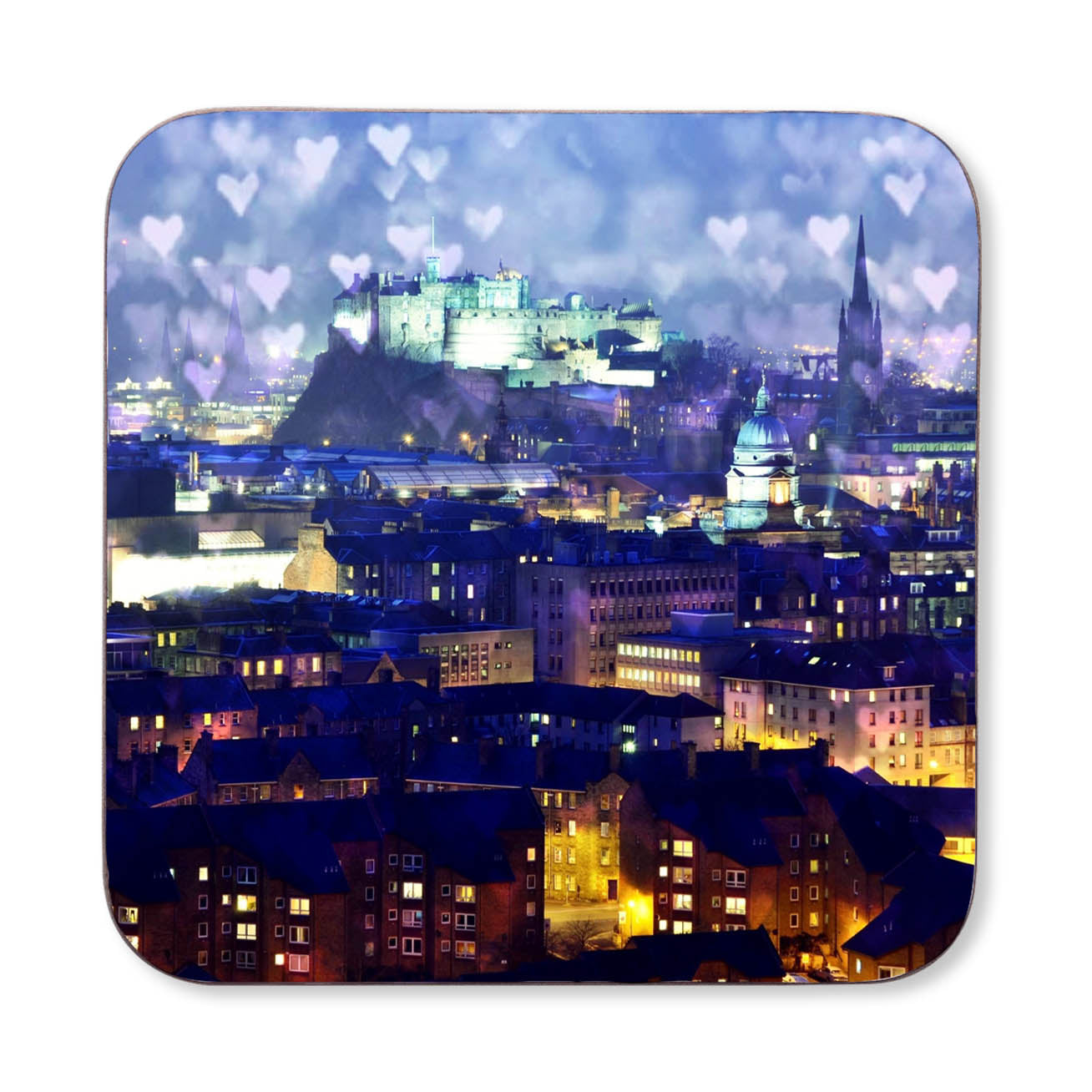 An image of Edinburgh Castle at night with a purple sky full of love hearts on a coaster.
