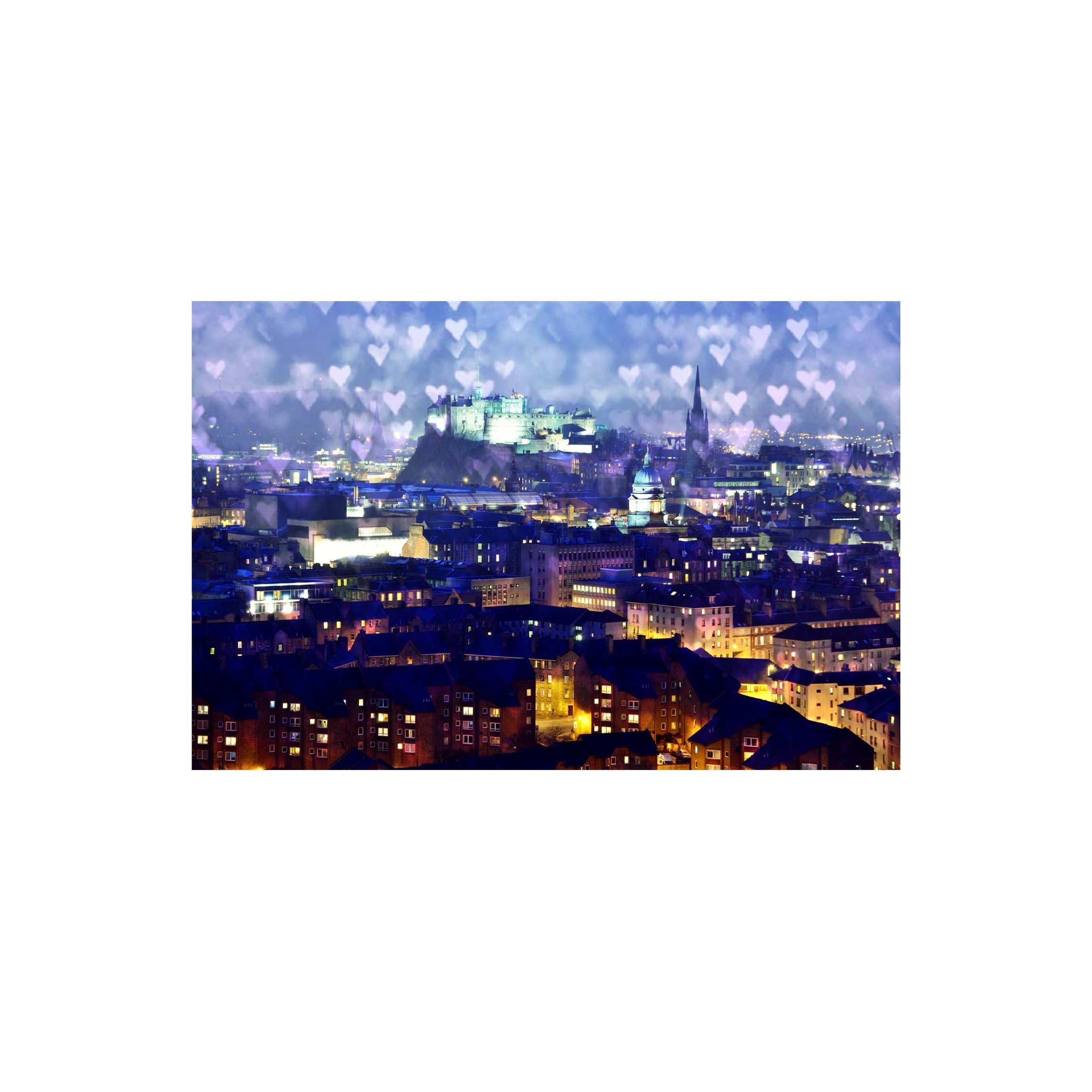Cityscape at night with illuminated buildings and Edinburgh Castle with love hearts in the sky.