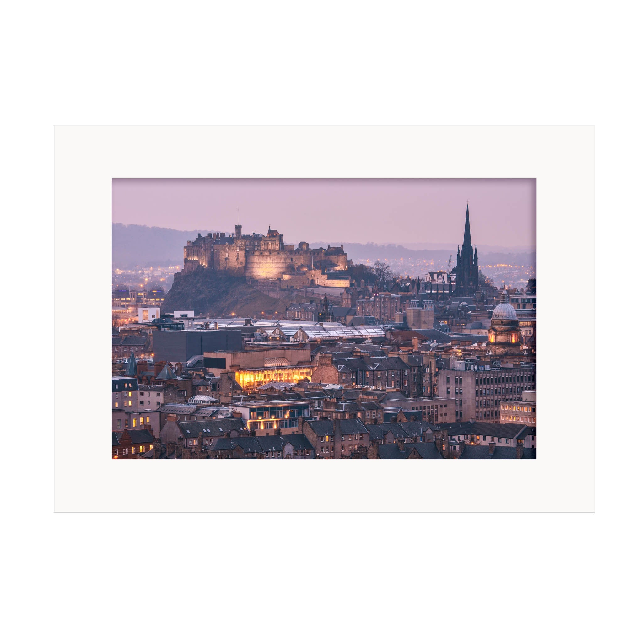 An image of Edinburgh Castle at dusk in a white mount.