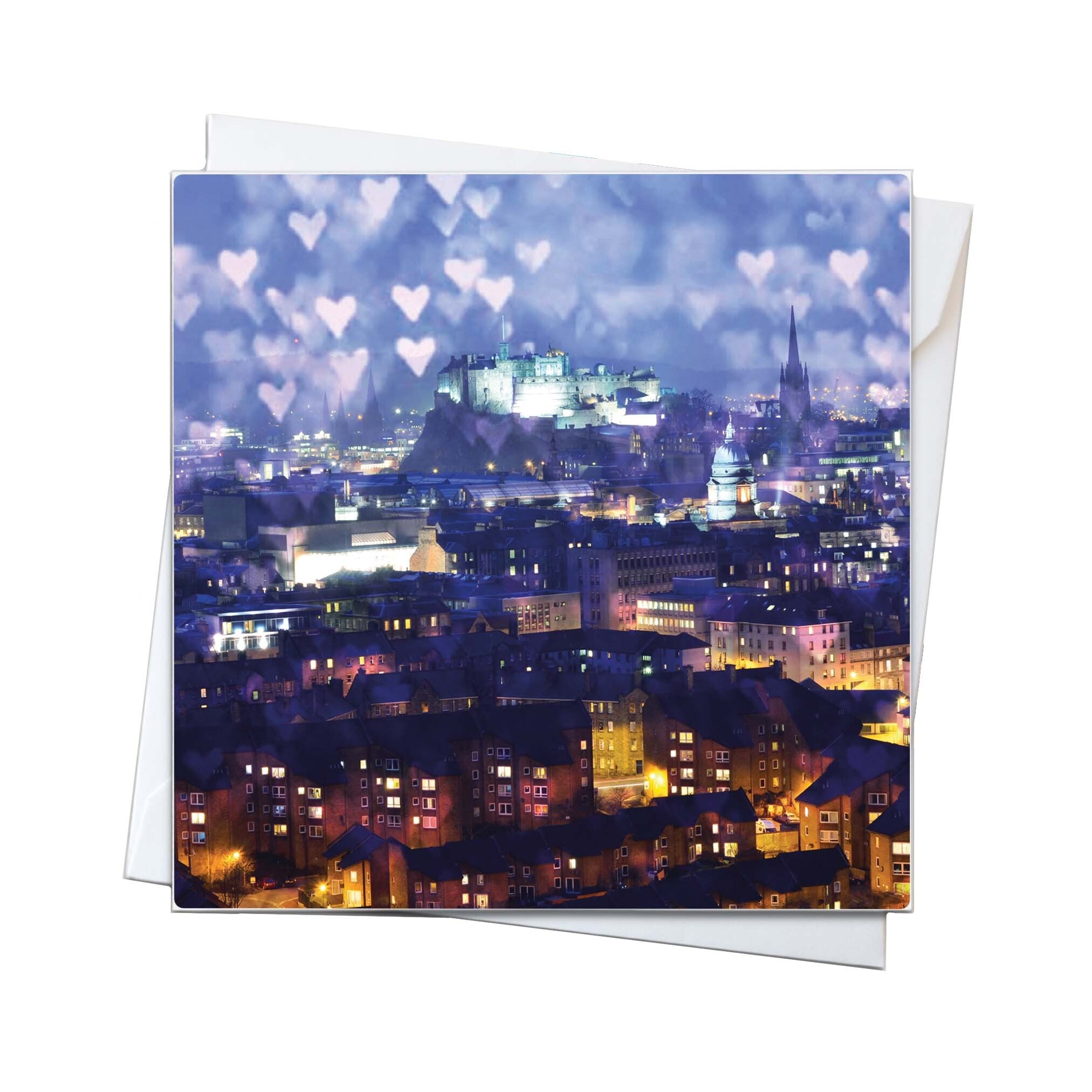 A small square card with a scene of Edinburgh Castle.